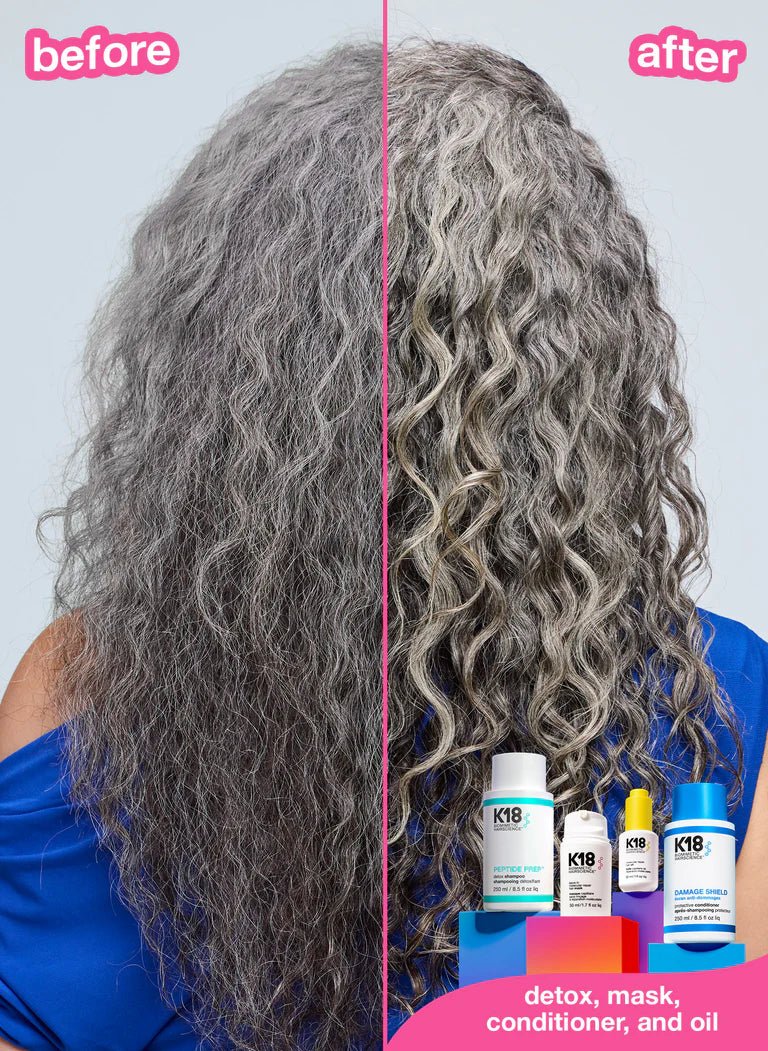 Before and after comparison of hair with K18 hair care products displayed.