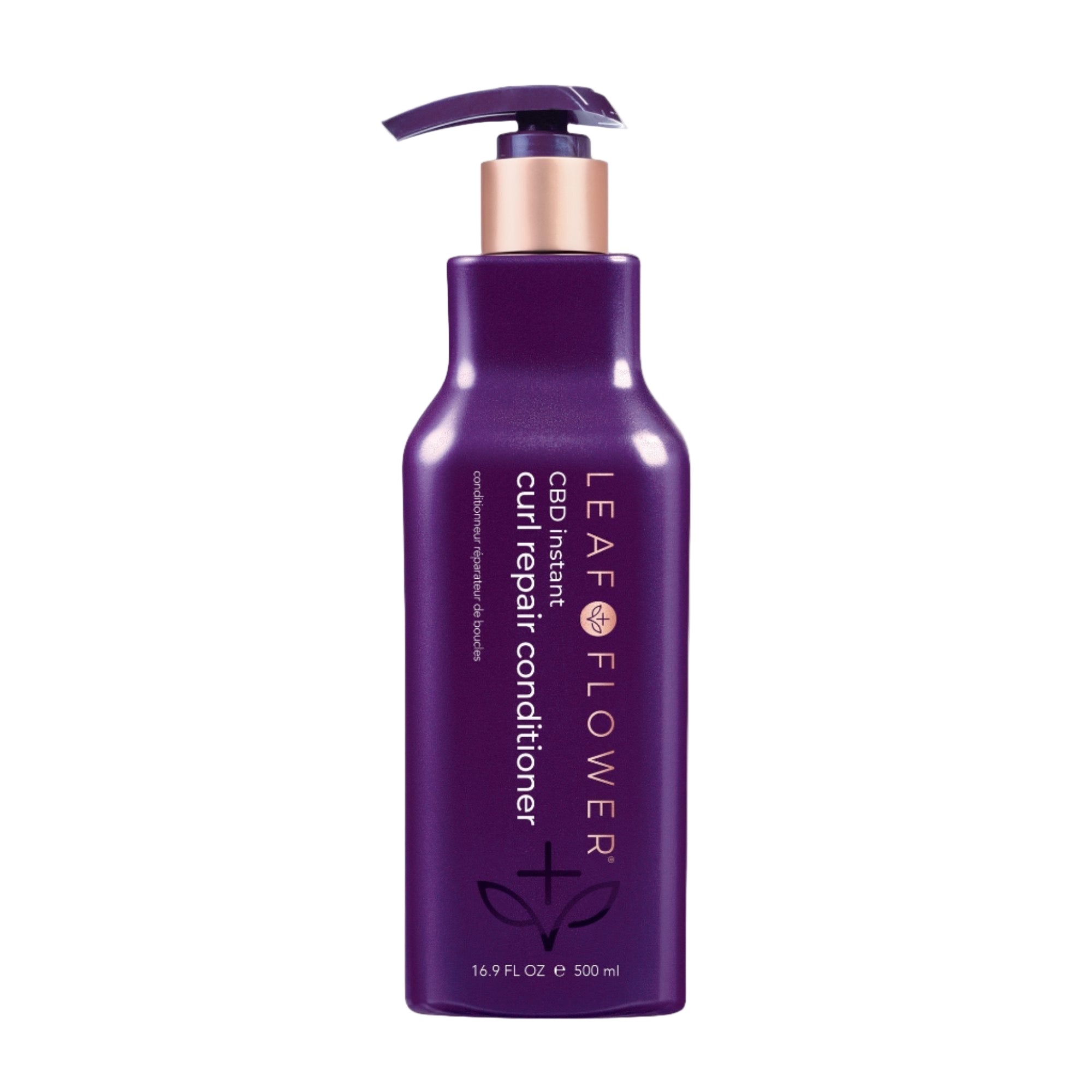 A bottle of Leaf and Flower Instant Curl Refresh Shampoo, featuring white and gold branding with a pump dispenser, is displayed against a light beige background. Multiple sizes are available.