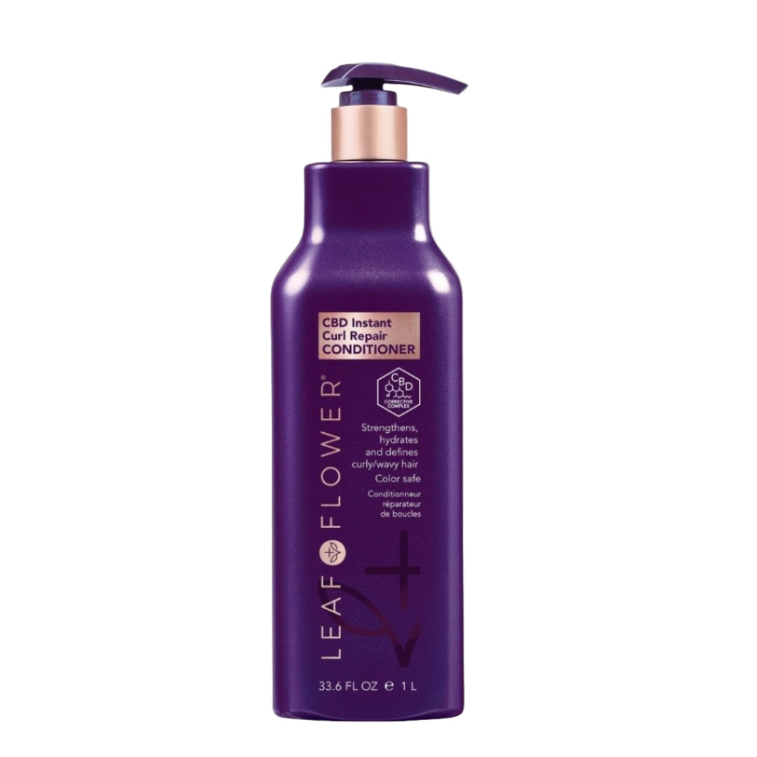 A purple 33.6 fl oz Leaf and Flower Instant Curl Refresh Shampoo bottle with a pump, vegan and color-safe formula, plus gold and white product info on the front.