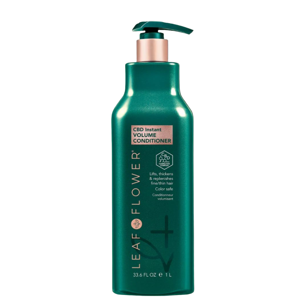 A green pump bottle of Leaf and Flower Instant Volume Conditioner, a color-safe formula for lifting and thickening fine curly hair, available in multiple sizes.