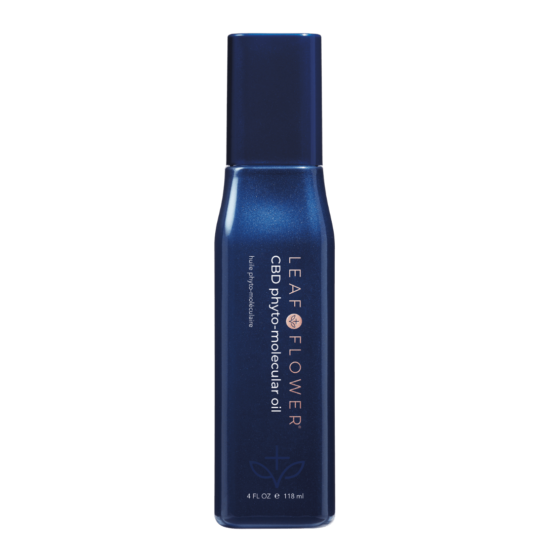 A blue 4 fl oz (118 ml) bottle labeled "LEAF and FLOWER Phyto-Molecular Oil" from Leaf and Flower stands upright against a white background.