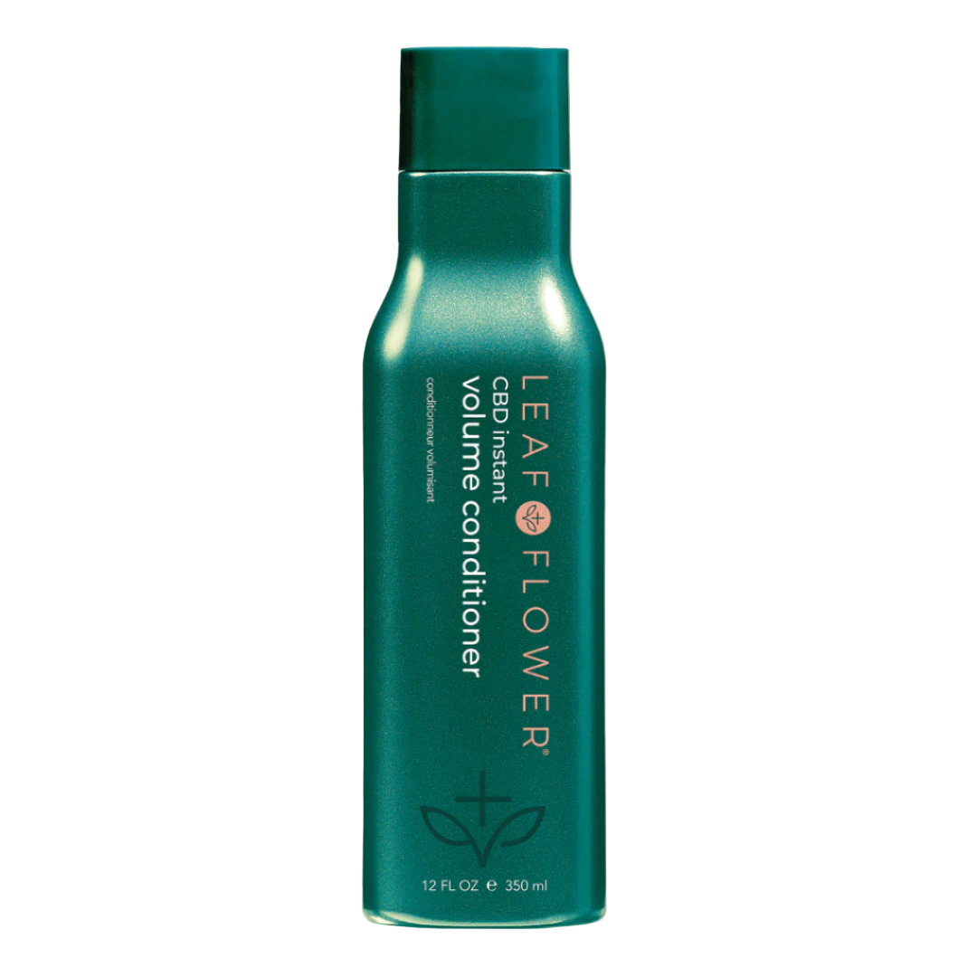 A metallic green bottle of Leaf and Flower Instant Volume Conditioner for fine, curly hair, 12 fl oz (350 ml), featuring white and gold branding on the front. MULTIPLE SIZES AVAILABLE.