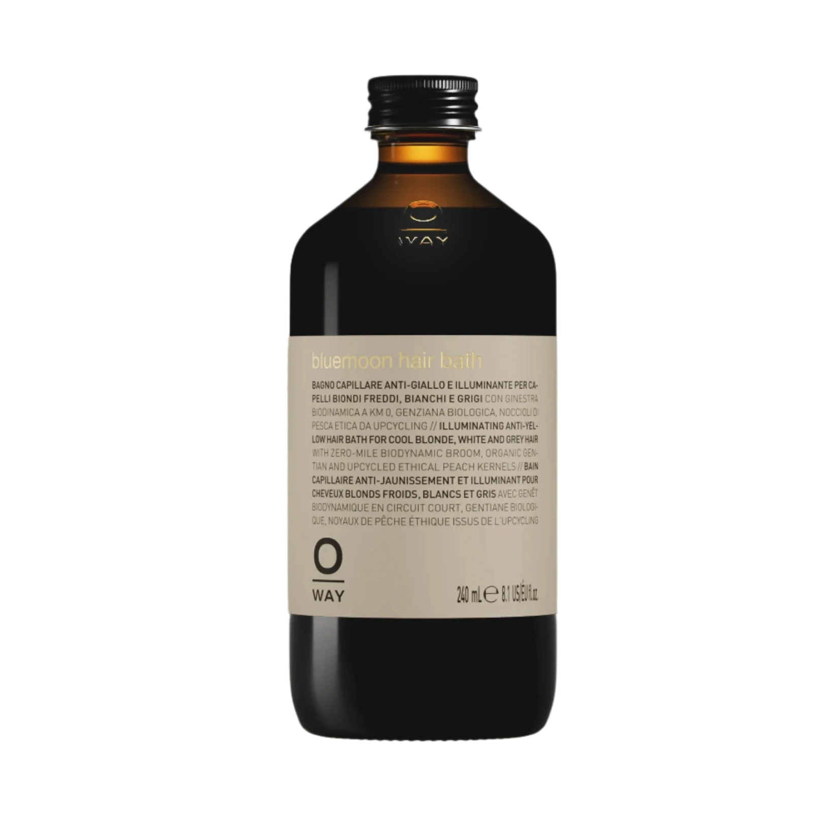 A 240 ml brown Oway bottle with black cap, labeled “Bluemoon Hair Bath | Illuminating Anti-Yellow Shampoo for Cool Blonde, White & Grey Hair,” features a multilingual front label.