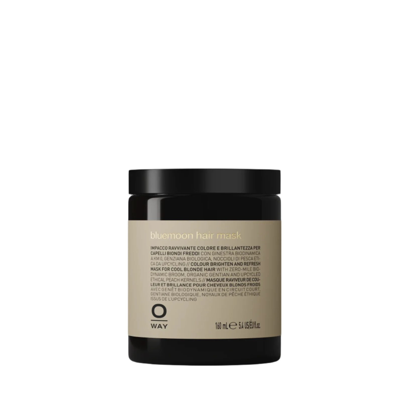 A black jar of Oway Bluemoon Hair Mask for cool blonde hair, 150 ml, sits on a white background. This color-enhancing mask restores softness and shine while neutralizing brassiness for vibrant, healthy-looking blondes.