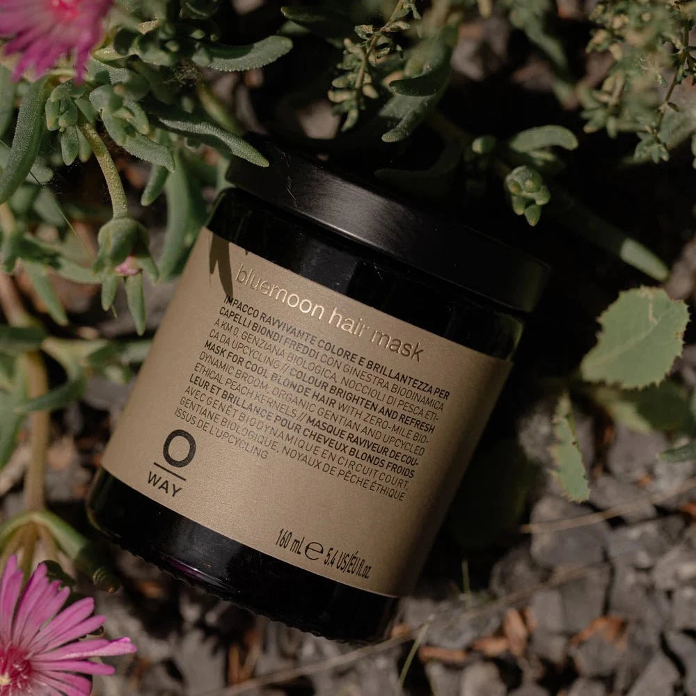 An Oway Bluemoon Hair Mask jar rests on rocky ground beside green plants and a pink flower. The label showcases the color-enhancing mask for cool blonde hair and features the Oway brand logo and multilingual product info.