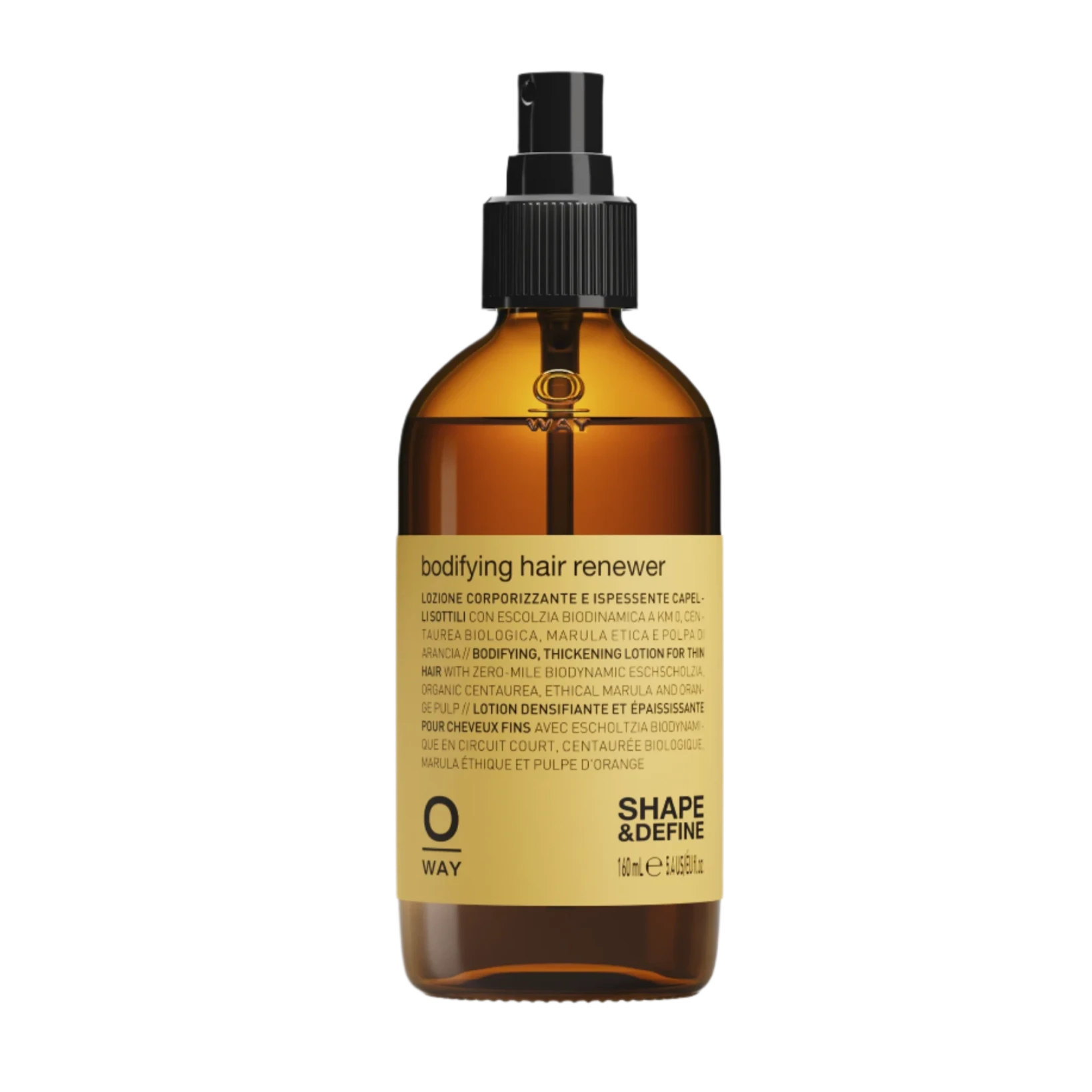 Oway Bodifying Hair Renewer Anti-Hair Fall Densifying Spray for Fine Hair comes in a brown glass bottle with a black pump and beige label, designed to add volume and strength to fine hair.