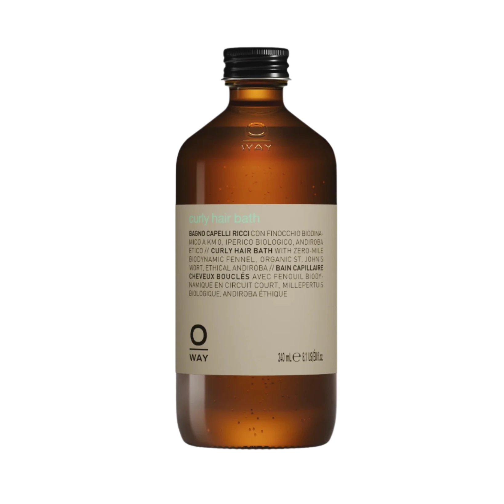 The Oway Curly Hair Bath is a 240 ml (8.5 fl oz) brown glass bottle with a black cap. This sulfate-free cleanser for wavy and curly hair has multilingual product details on the label.