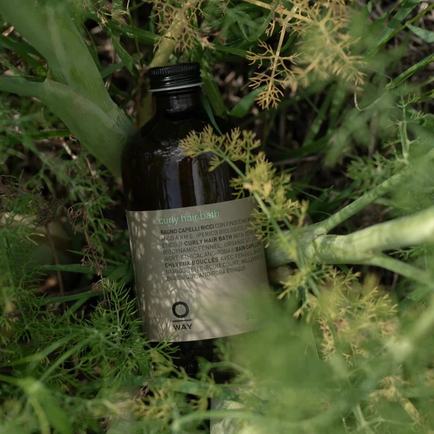 A brown Oway Curly Hair Bath bottle—a sulfate-free cleanser for wavy and curly hair—sits among green plants, partially surrounded by tall stems and soft-focus leaves.