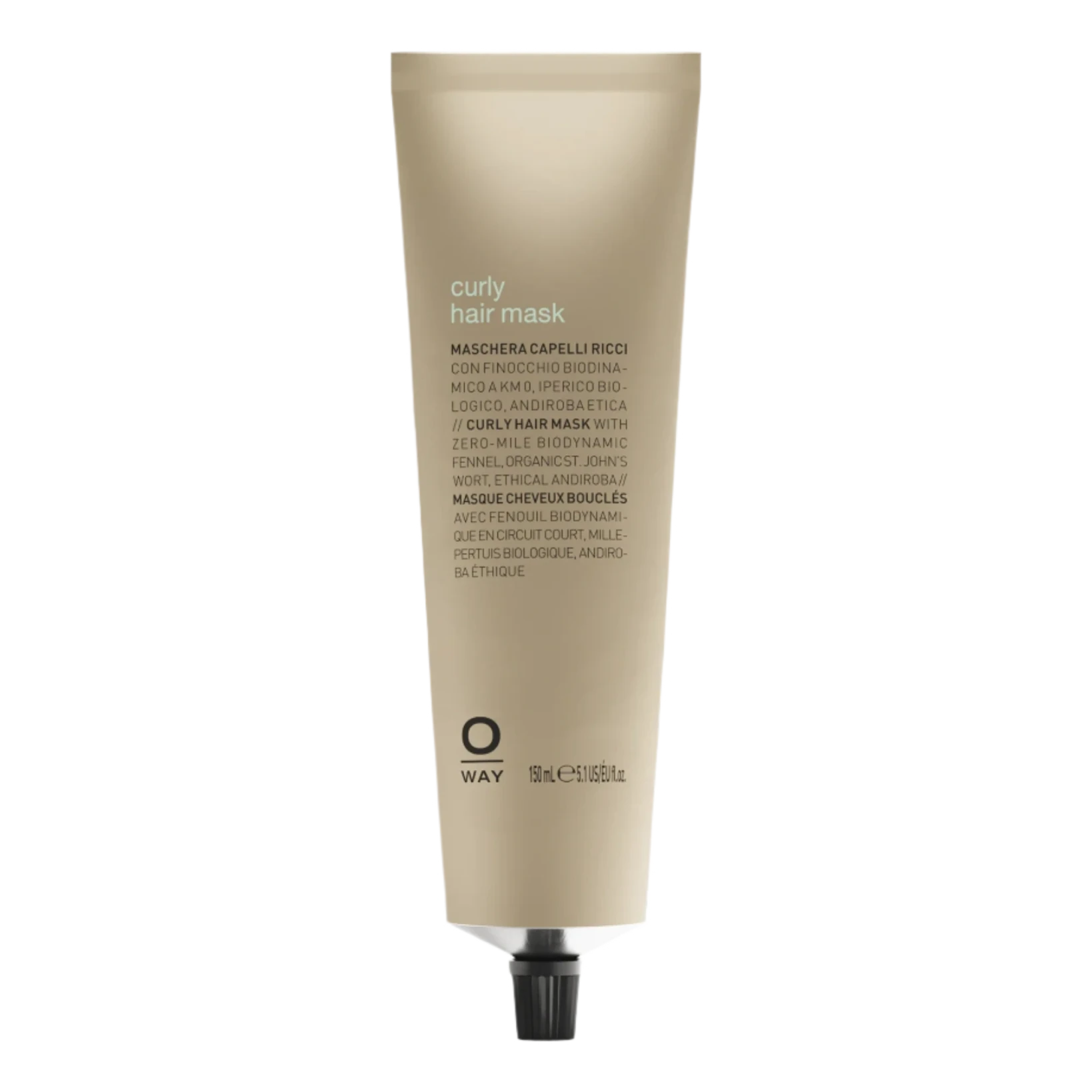 A beige tube of Oway Curly Hair Mask | Definition and Moisture Mask for Natural Curls stands upright on a white background, with a black screw cap and multilingual text. Ideal for delivering deep moisture to natural curls.