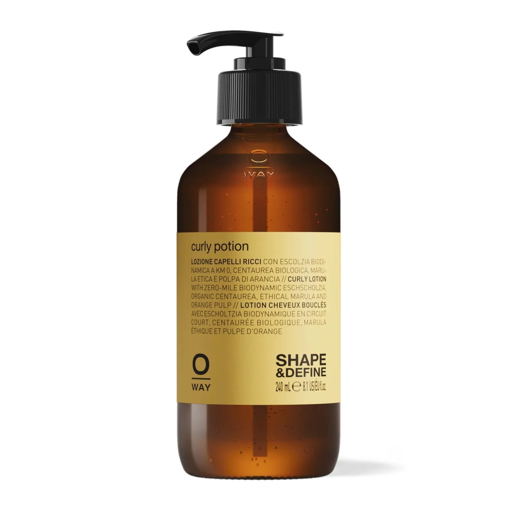 A brown pump bottle of Oway Curly Potion | Curl-Defining Serum for Soft, Shiny Curls features a gold label with black text, “Shape & Define,” “curl enhancer with biodynamic botanicals,” and 240 ml / 8.1 fl.oz. at the bottom.