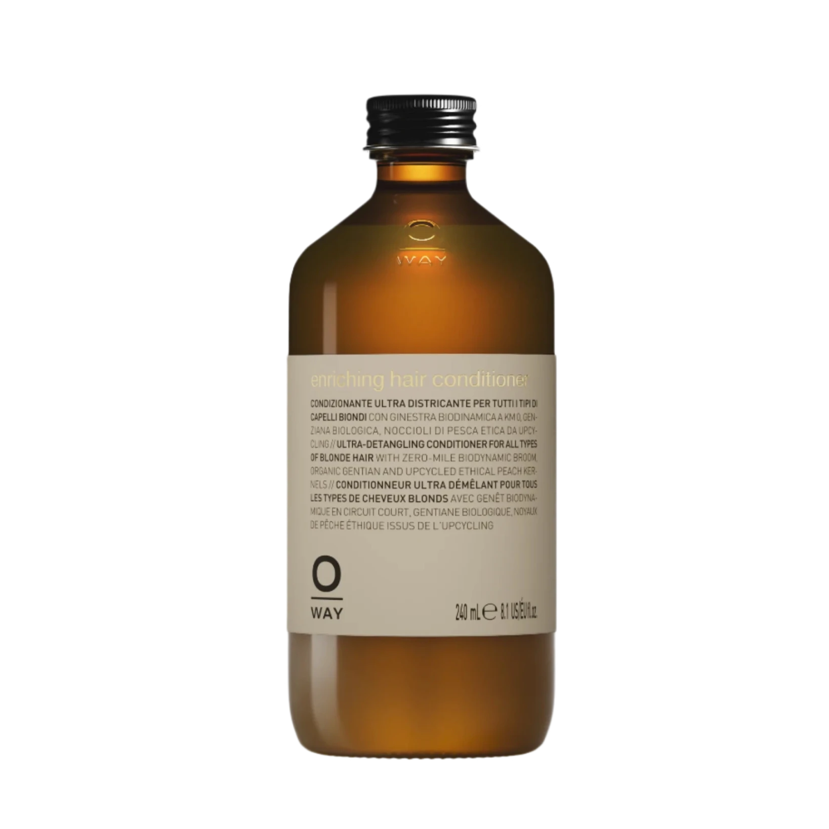 A brown bottle with a black cap labeled "Oway Enriching Hair Conditioner | Ultra Detangling For Dry Brittle Strands" (240 ml/8.5 fl. oz.) stands upright on a white background, boosting natural shine for all hair types.