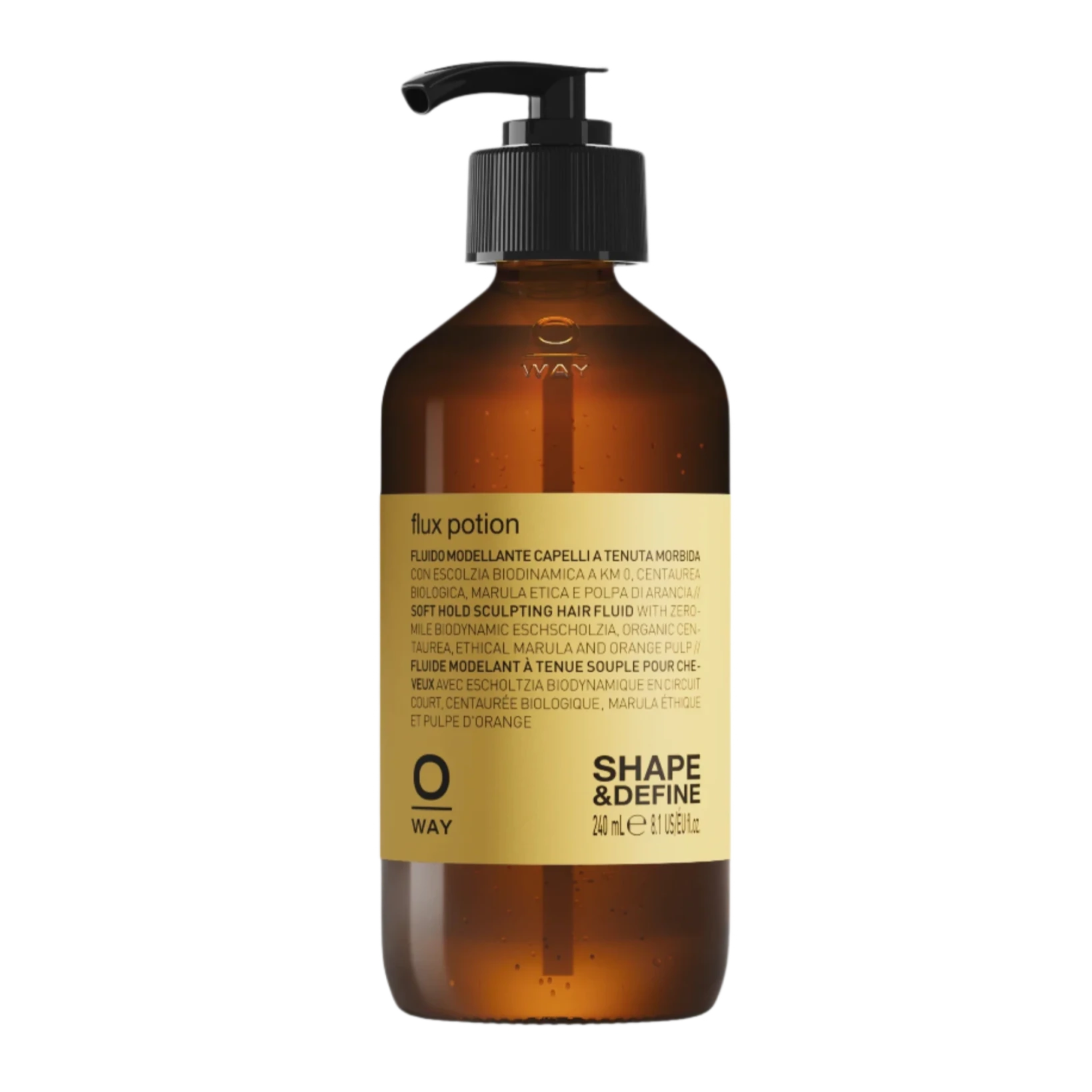 A brown plastic pump bottle labeled "Oway Flux Potion | Lightweight Volumizing Serum for Soft Body and Hold" by Oway, enriched with Organic Black Quinoa, 240 ml (8.1 fl.oz.), featuring a yellow multilingual label.
