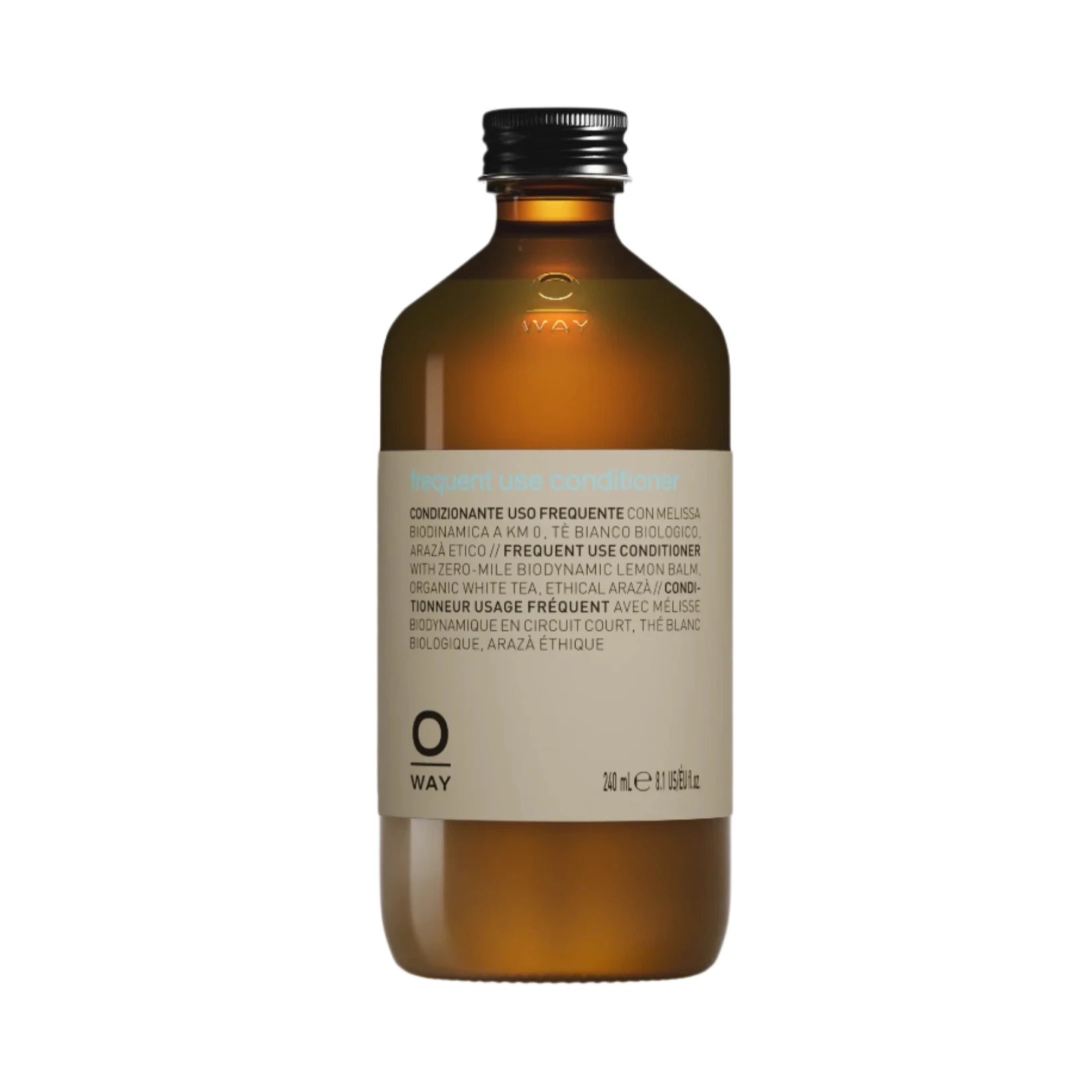 Oway Frequent Use Conditioner is a lightweight, everyday formula for all hair types, packaged in a brown semi-transparent bottle with a silver screw cap and contains 240 ml (8.1 fl oz).