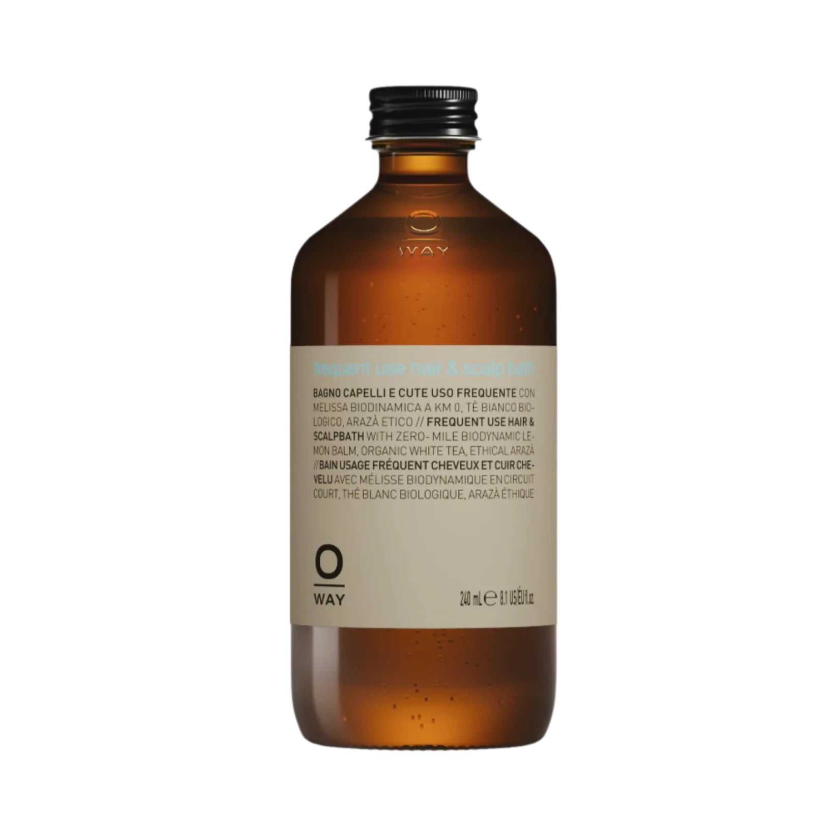 Oway Frequent Use Hair & Scalp Bath is a gentle daily shampoo for all hair types. Presented in a 240 ml (8.5 fl oz) brown glass bottle with a silver screw cap, the label features product info in multiple languages.