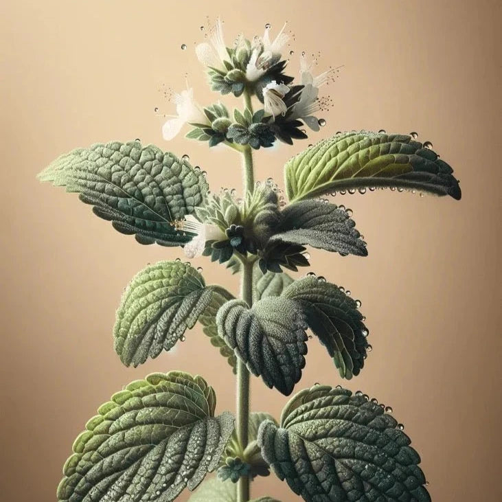 A close-up of a green plant stem with serrated leaves and small white flowers, representing Oway Frequent Use Hair & Scalp Bath by Oway, set against a warm beige background with dewdrops on the leaves.