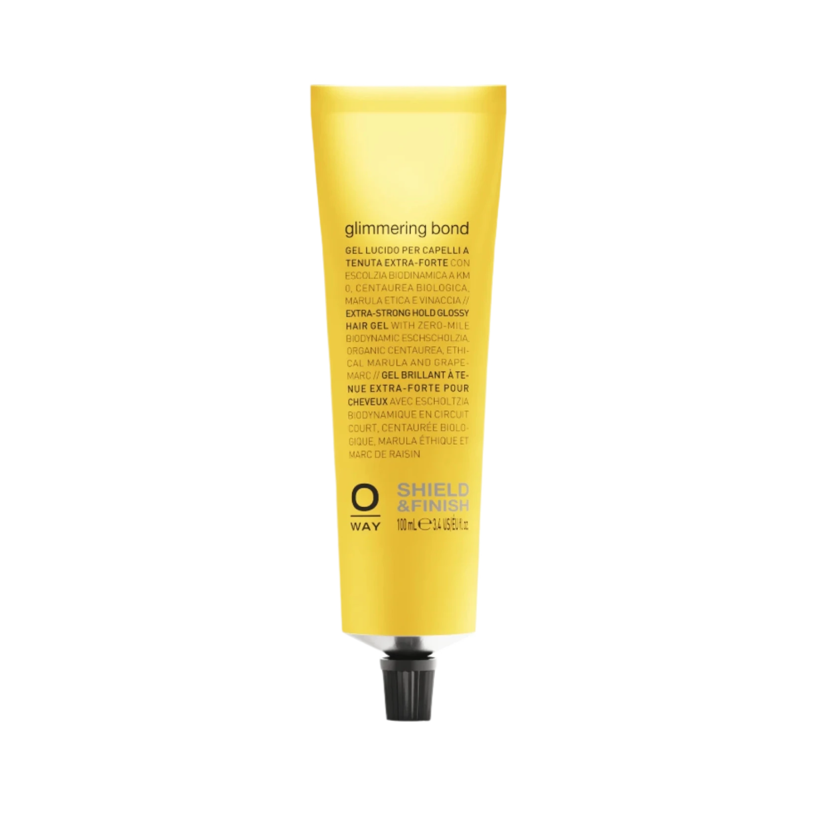 A yellow tube labeled "Oway Glimmering Bond | Bonding Shine Treatment for Damaged, Dull Hair" stands upright with a black cap, featuring product details about marula oil and other ingredients in multiple languages.