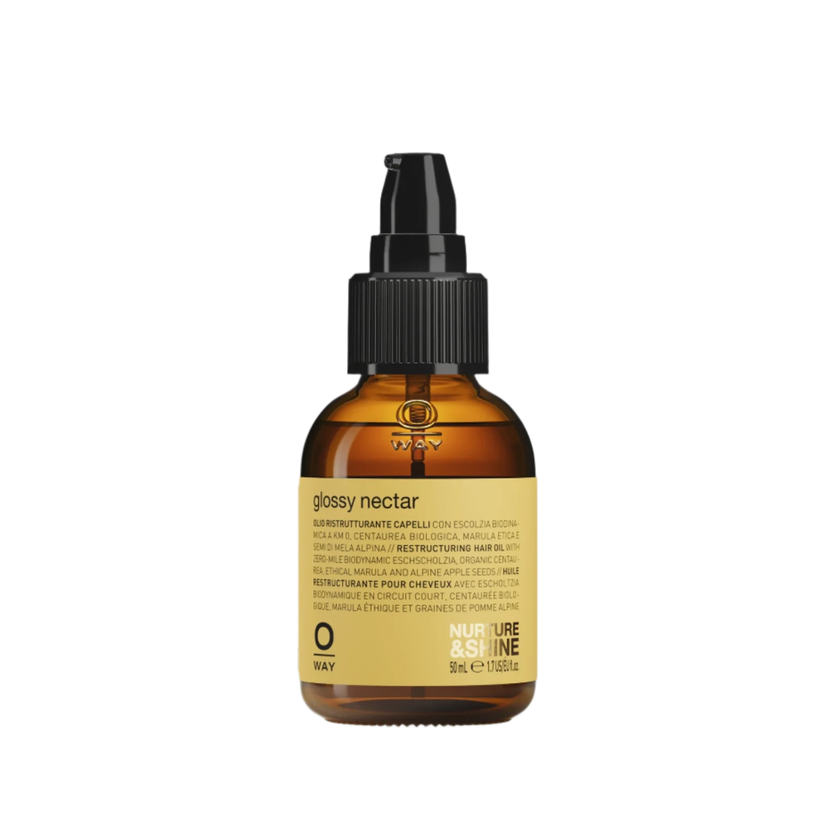 A brown bottle with a black pump dispenser labeled "Oway Glossy Nectar | Rebuilding Oil Serum for Shine and Hair Strength," 50 ml, features multilingual branding emphasizing frizz control and enhanced hair shine.