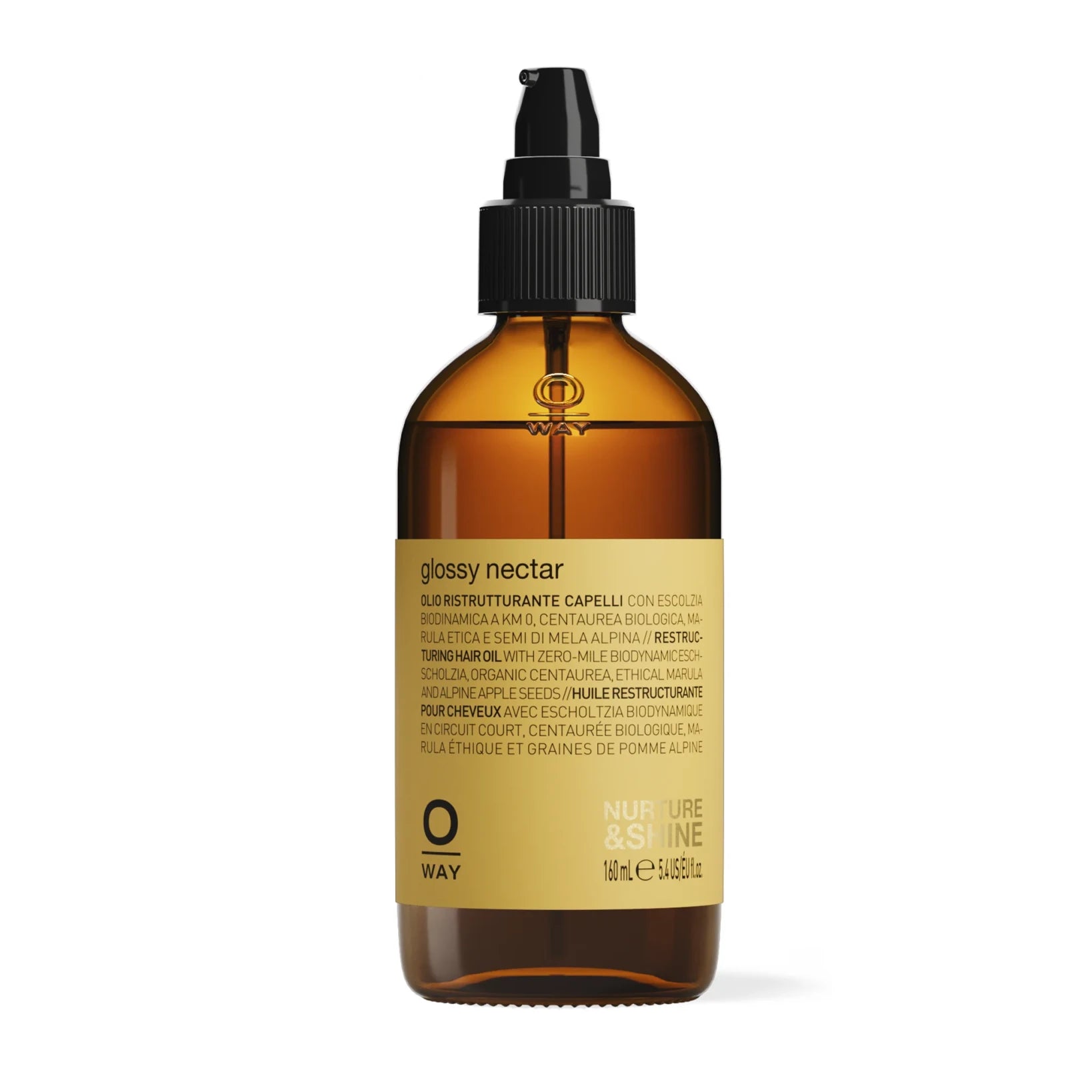 A brown Oway glass bottle with a black pump labeled "Glossy Nectar | Rebuilding Oil Serum for Shine and Hair Strength" features hair shine benefits and details, volume 160 ml / 5.5 fl oz.