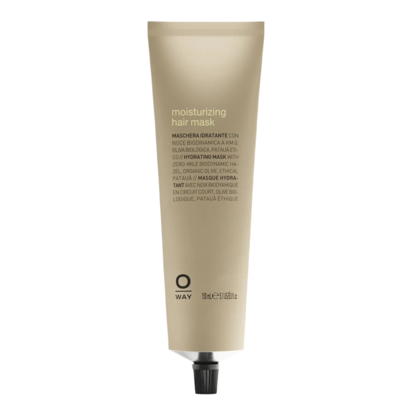 A beige tube of Oway Moisturizing Hair Mask | Deep Hydration Mask for Dry or Dehydrated Hair with a black screw cap stands upright against a white background, featuring the Oway brand name and product details on the front.