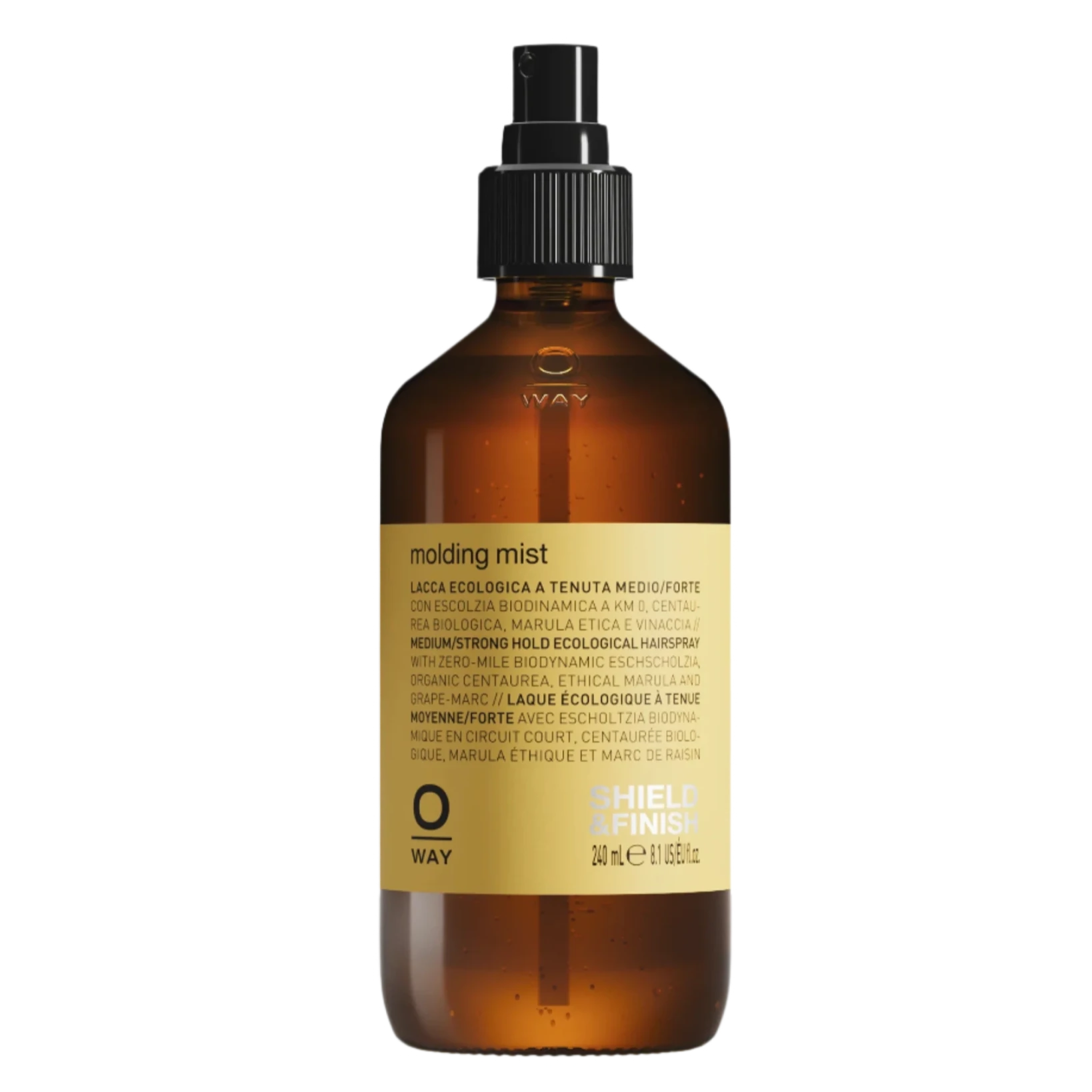 A 240ml brown spray bottle of Oway Molding Mist by Oway, with a black nozzle and yellow label, provides eco-friendly, humidity-resistant hold and frizz protection for stylish hair.