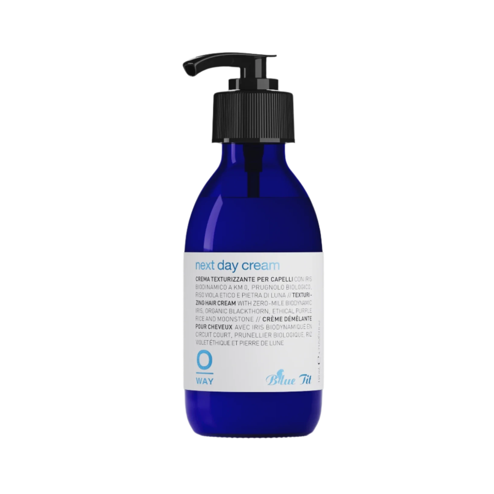 A blue Oway Next Day Cream pump bottle with a black dispenser and white label, featuring "Soft Styling Cream for Next-Day Texture Revival," stands upright on a white background.