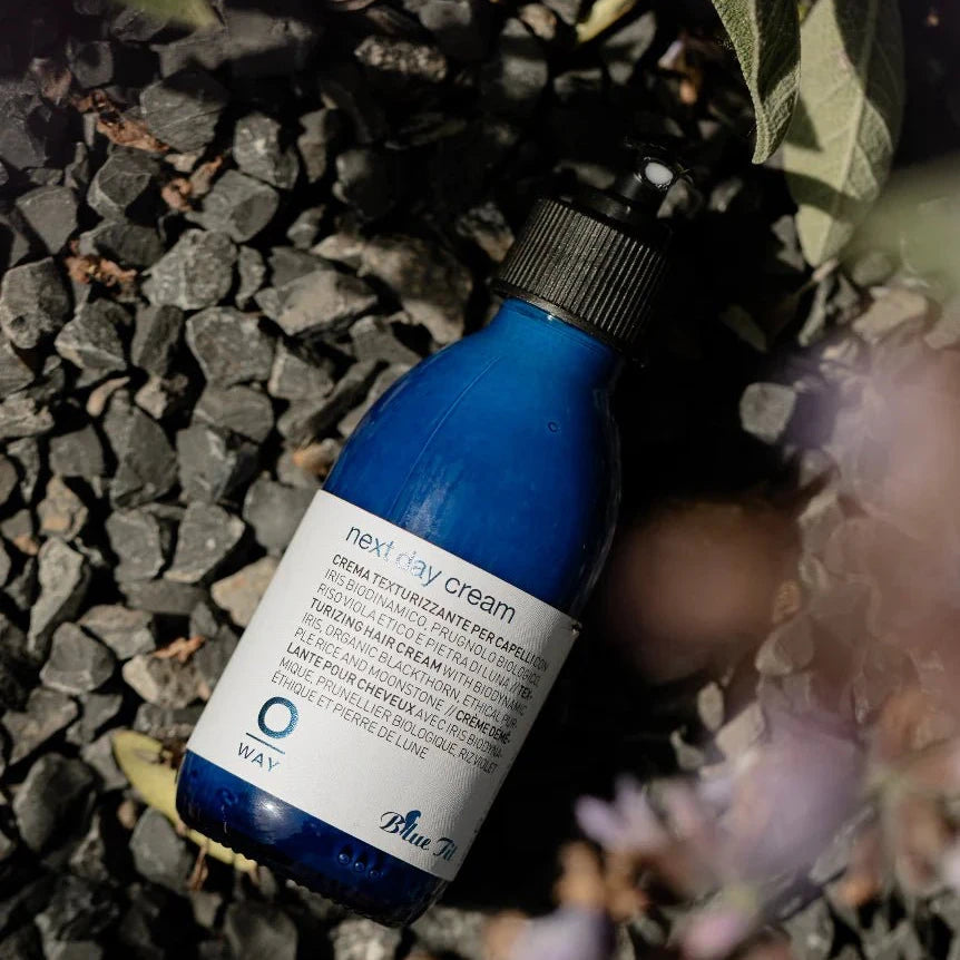 A bottle of Oway Next Day Cream | Soft Styling Cream for Next-Day Texture Revival with a black pump sits on dark gravel among leafy plants and blurred purple flowers, ready to refresh your hair’s texture.
