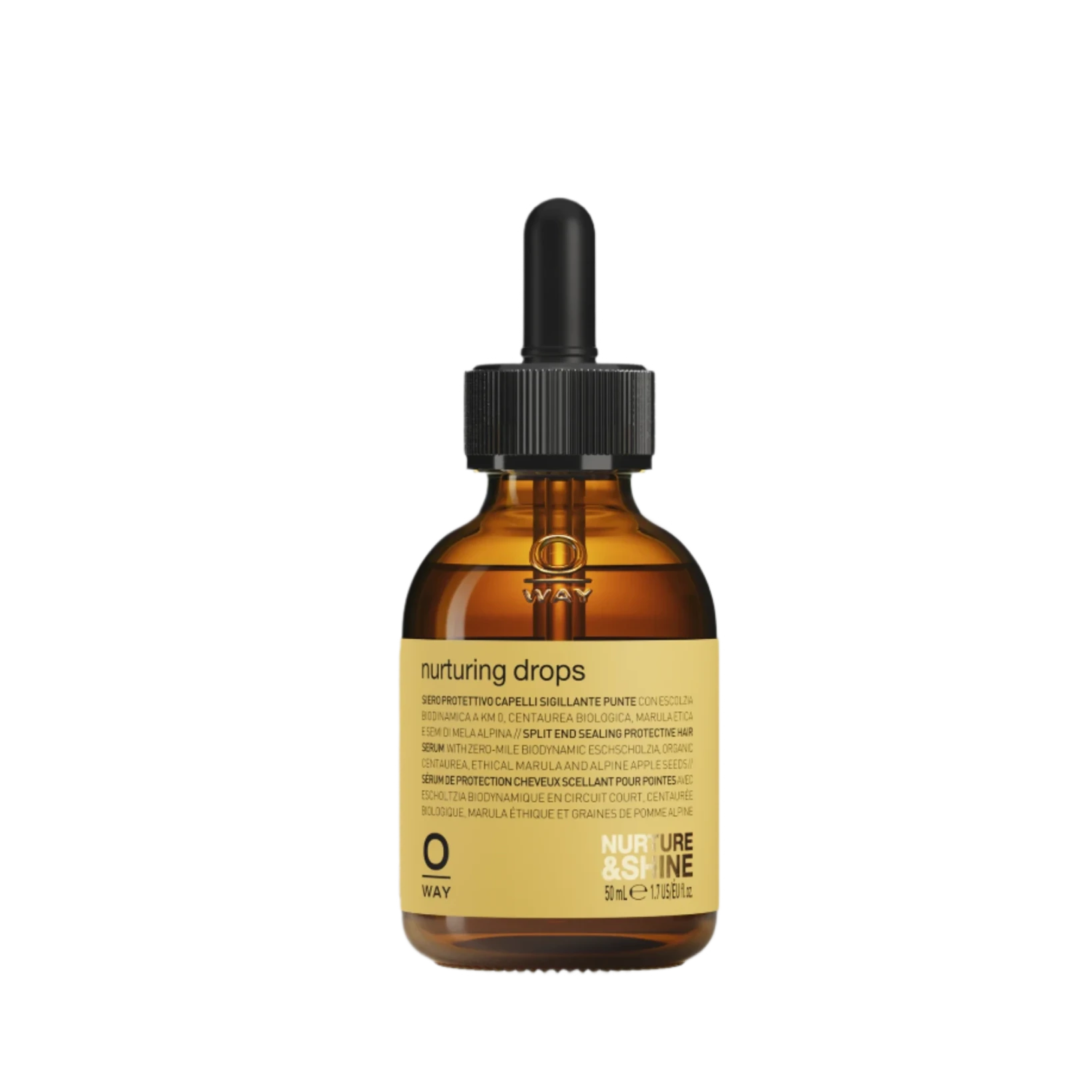 A brown glass dropper bottle with a black cap, labeled "Oway Nurturing Drops | Silkening Serum for Split Ends and Heat Protection." The label features product details and the Oway brand at the bottom.