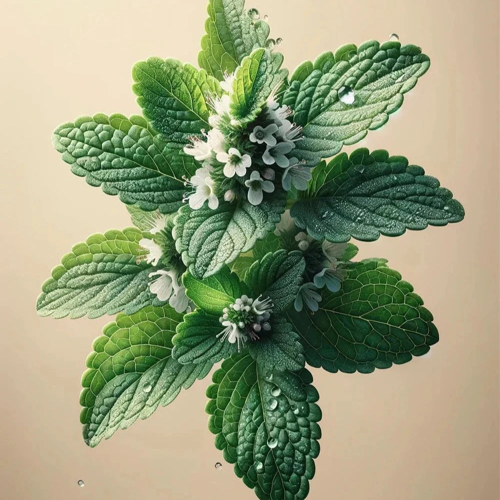 A close-up of textured, serrated green leaves and small white flowers with water droplets on a beige background—evoking the natural inspiration behind Oway Phytoprotein Mist, a leave-in treatment that strengthens fragile hair and helps prevent breakage.