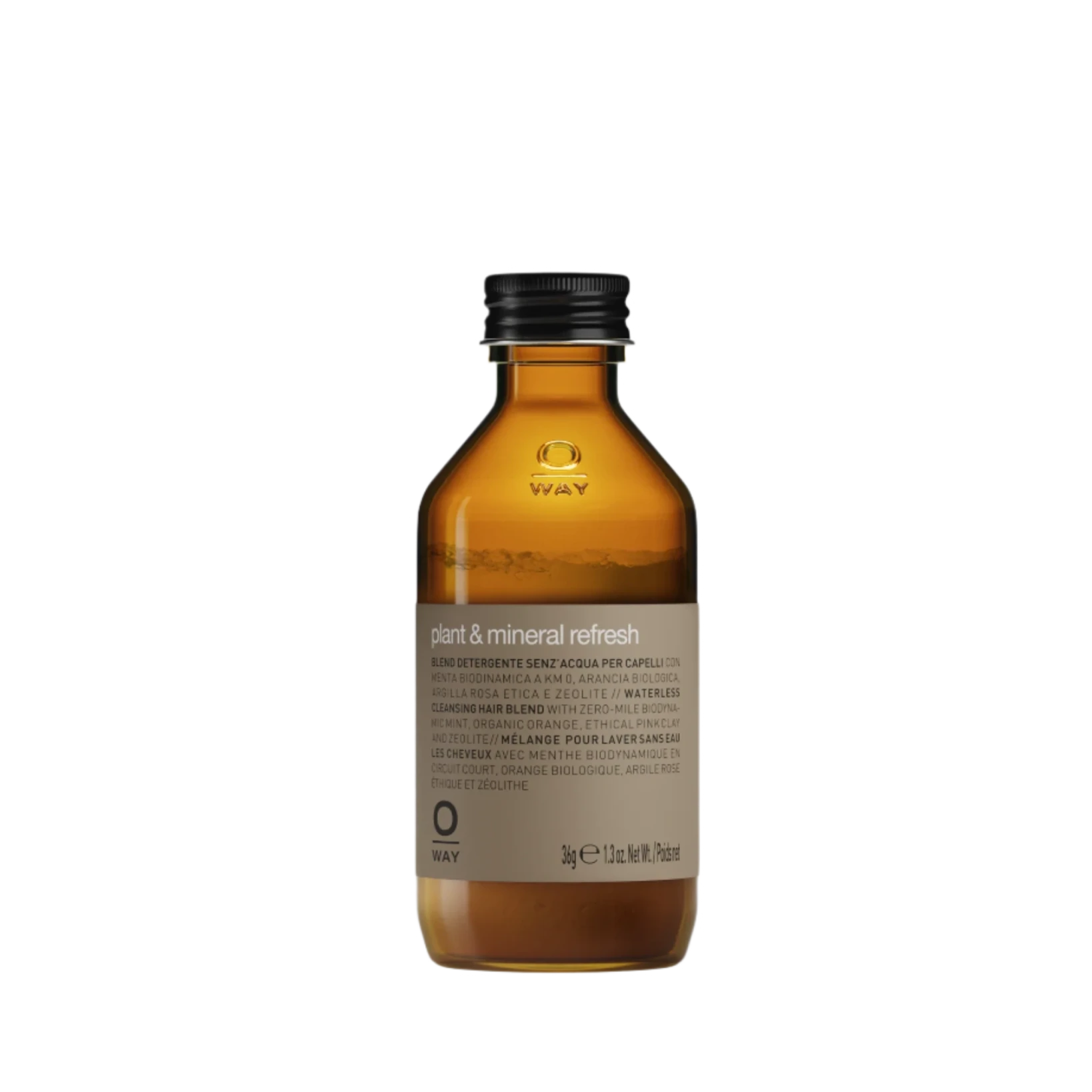 Oway Plant & Mineral Refresh is a dry shampoo powder for all hair types in a 1.3 oz (38g) brown glass bottle with a black cap, featuring a multilingual label highlighting its natural scalp-refreshing benefits.