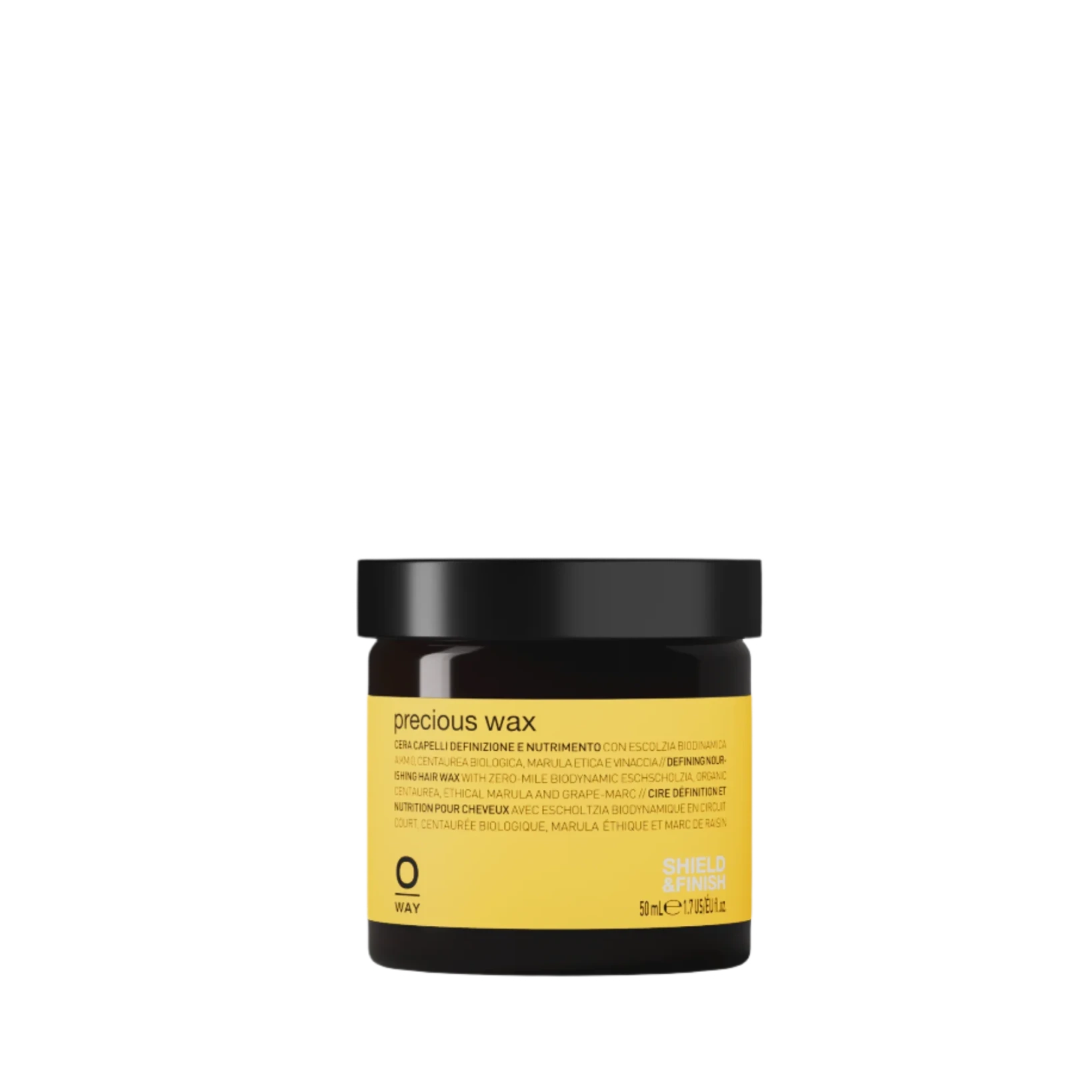 A closed black jar with a yellow label reading "Oway Precious Wax | Shine Enhancing Styling Wax for Natural Definition." The Oway-branded container sits against a plain white background.