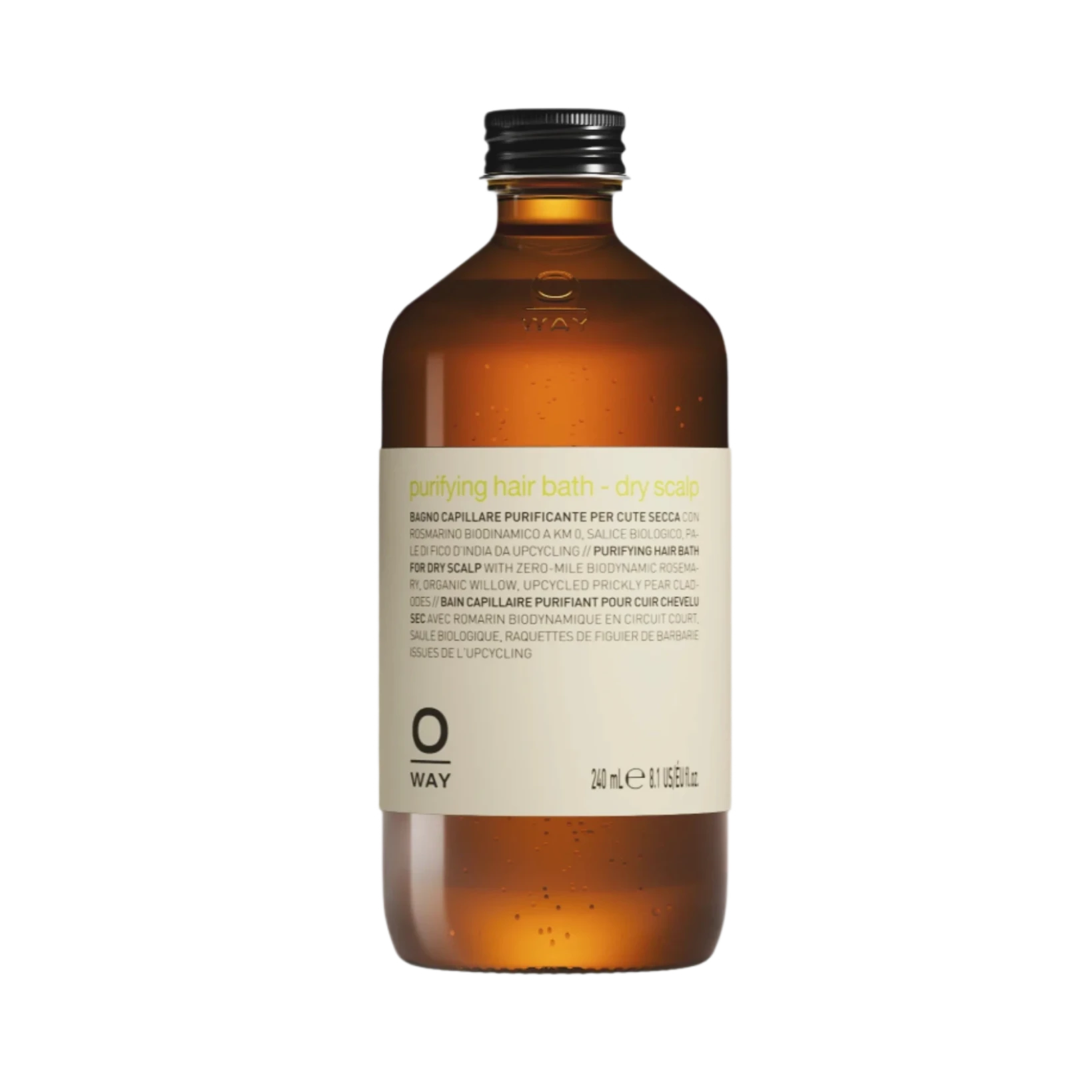Oway Purifying Hair Bath for Dry Scalp is an organic shampoo in a 240 mL brown bottle with black cap, featuring a multilingual label. It supports scalp microbiome and targets dry dandruff.