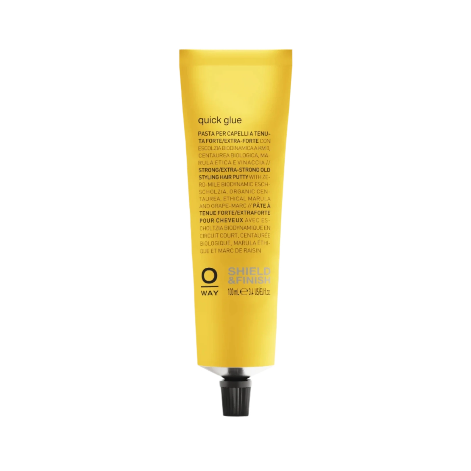 A yellow tube of Oway Quick Glue | Ultra-Hold Styling Glue for Creative Hair Sculpting stands upright against a white background, featuring Oway branding and product details in black—ideal for creative hair styling.