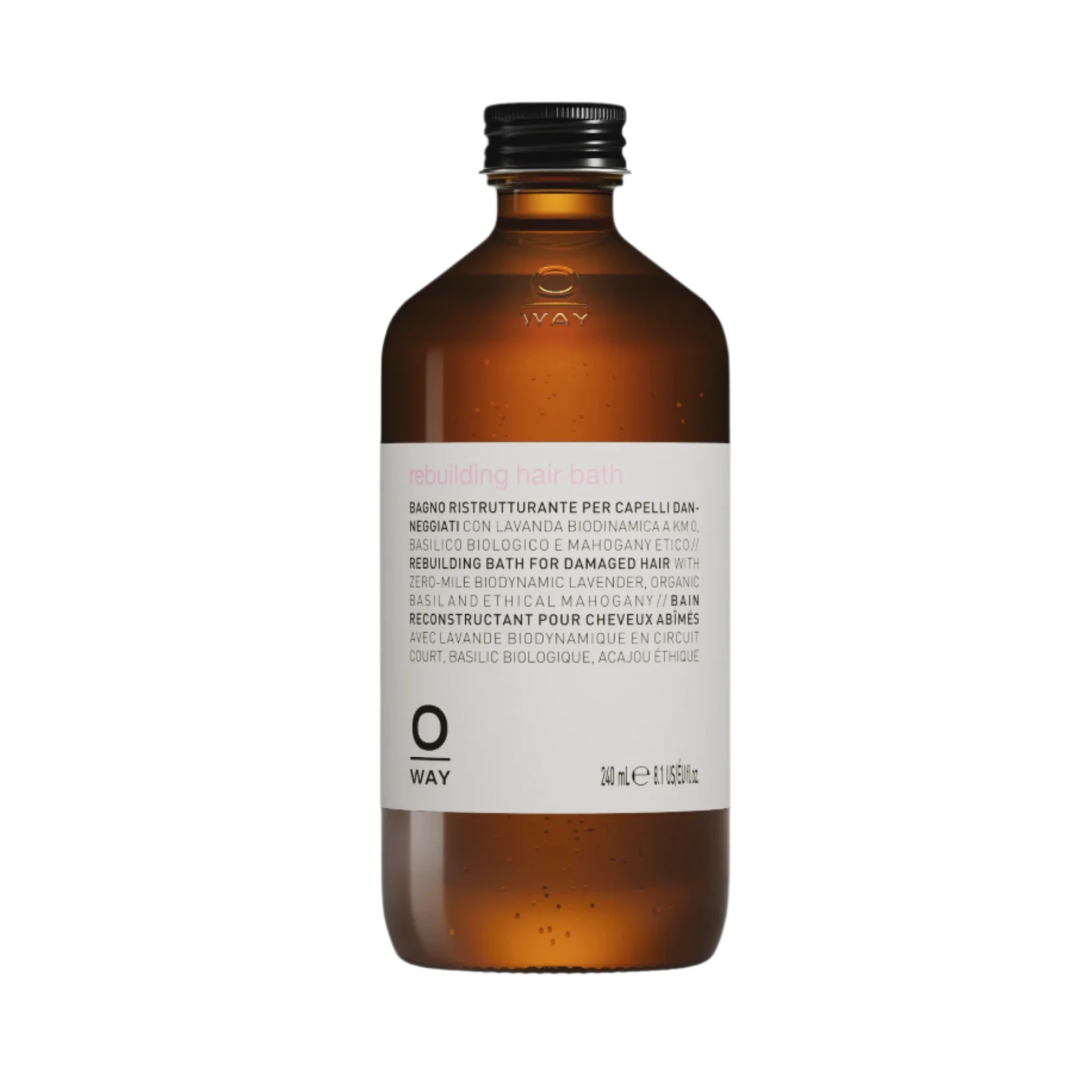 A brown bottle with a black cap labeled "Oway Rebuilding Hair Bath | Strengthening Shampoo for Brittle, Weak Hair" features multilingual product details and indicates a volume of 240 ml.