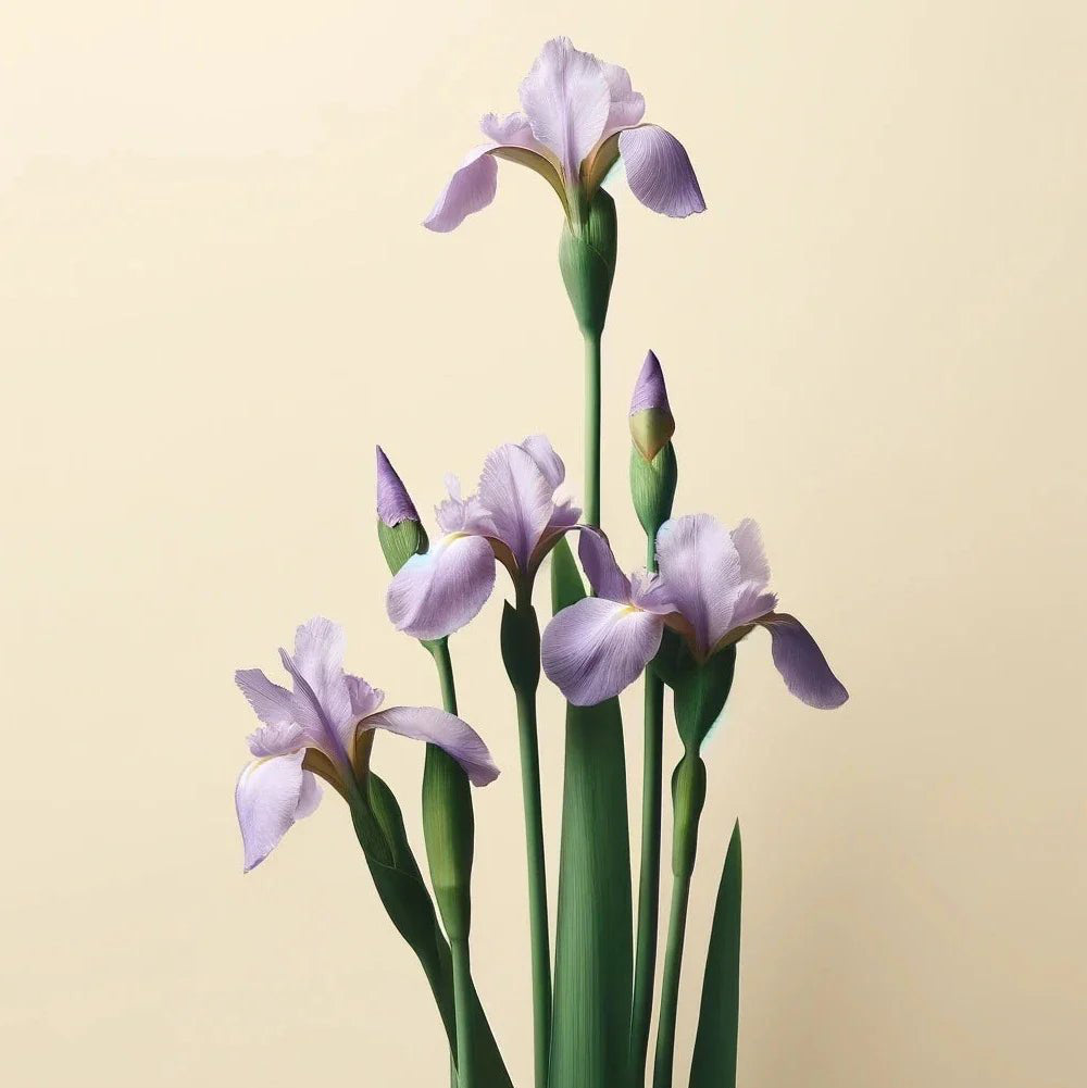 Light purple iris flowers and green leaves on a beige background evoke the care of Oway Rebuilding Hair Mask | Restorative Mask for Damage and Instant Repair—some blooms are open while others remain in bud form.