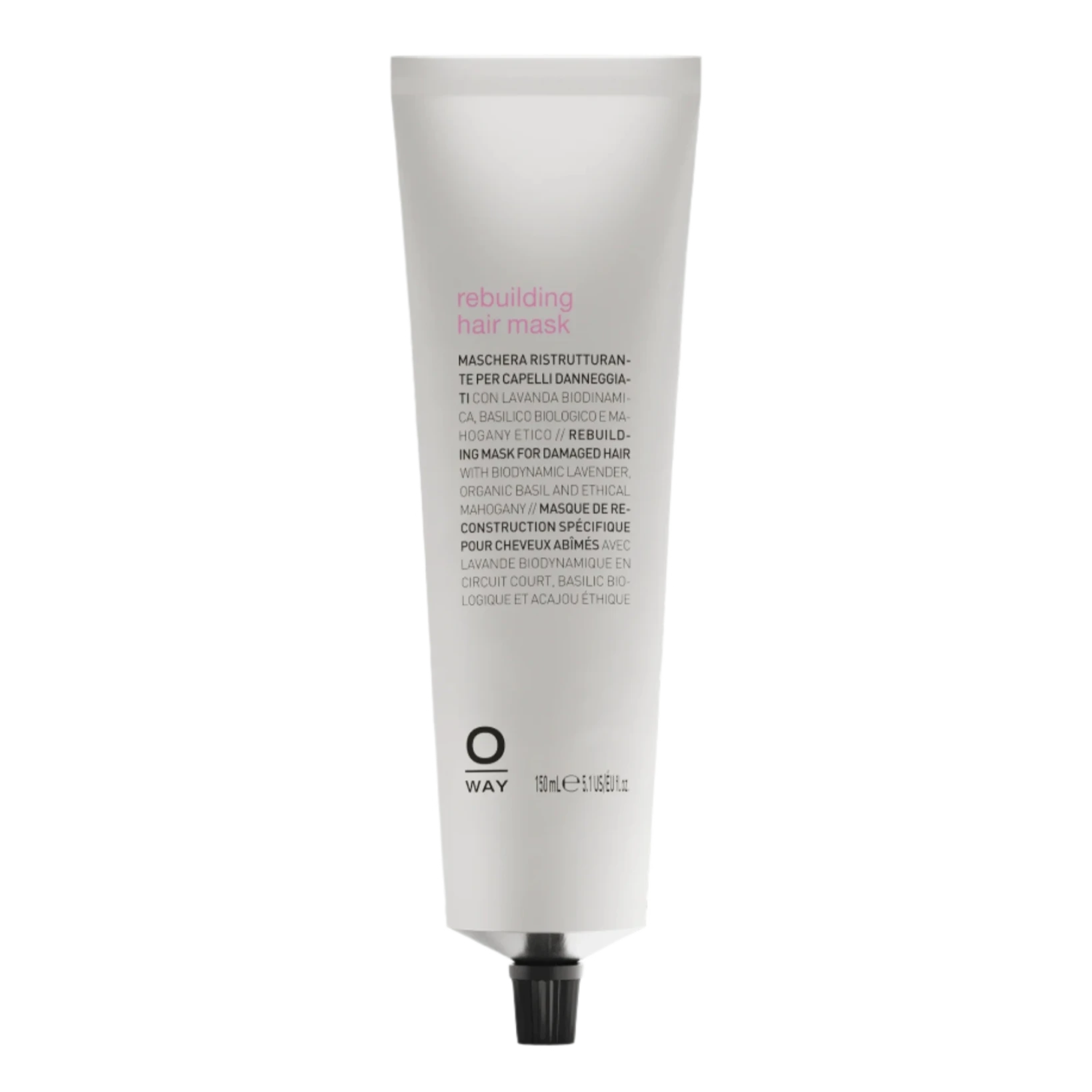 A white upright tube of Oway Rebuilding Hair Mask | Restorative Mask for Damage and Instant Repair has a black cap and multilingual product details printed on the front, highlighting its restorative benefits for damaged hair.