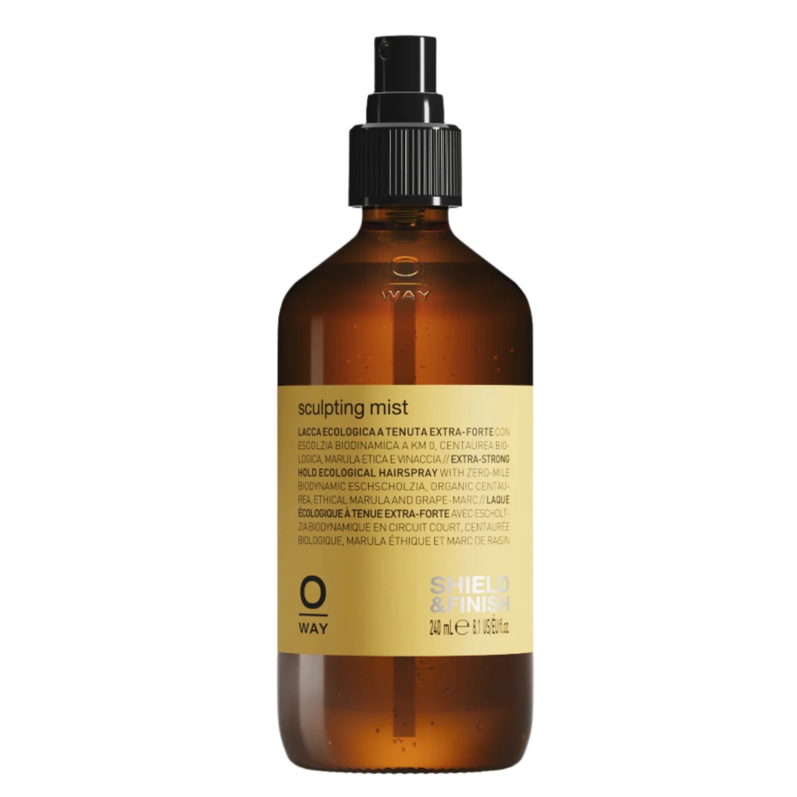 A brown spray bottle with a black nozzle labeled "Oway Sculpting Mist | Long-Lasting Finishing Spray with Flexible Hold" features branding and product details from Oway on its yellow label.