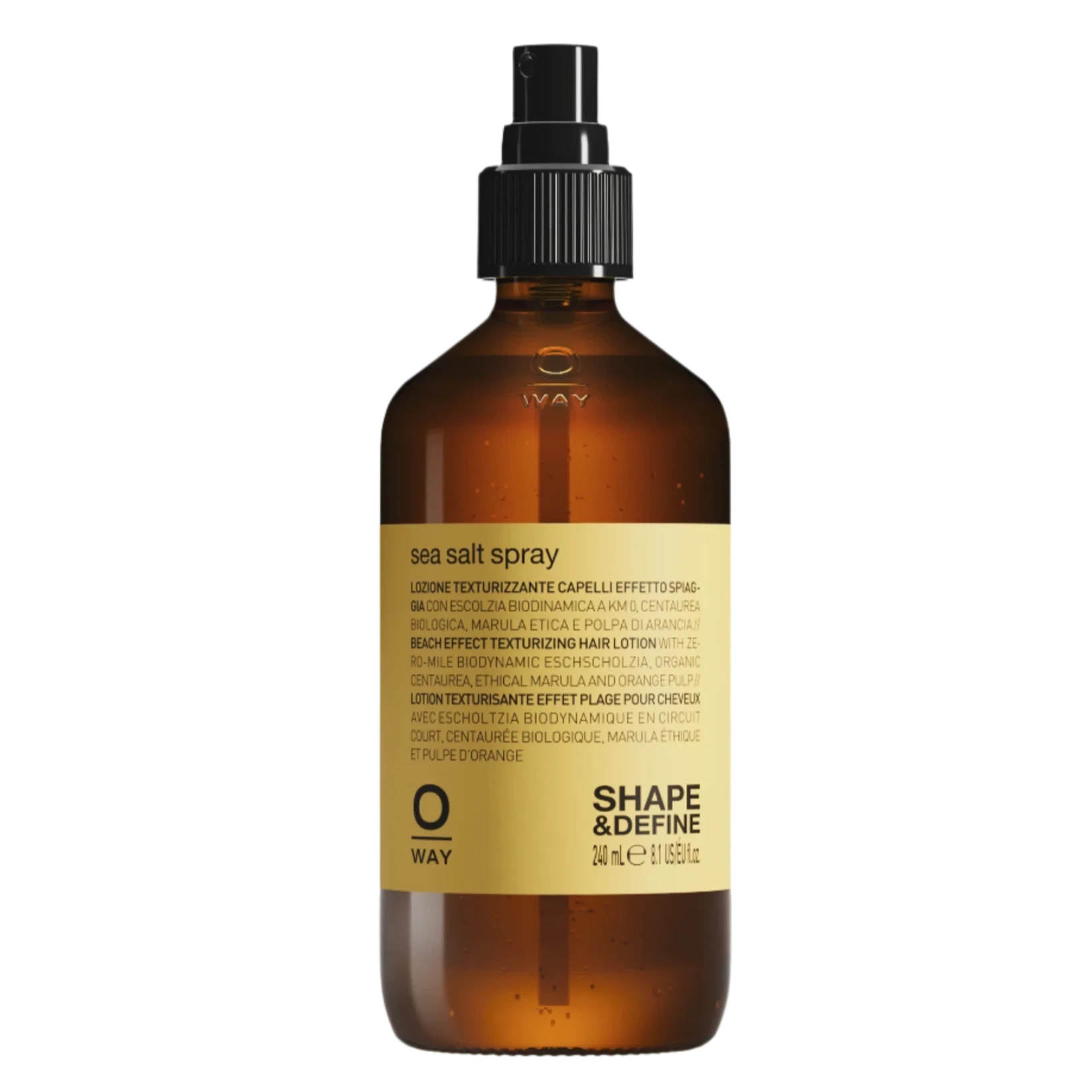 A brown spray bottle with a yellow label featuring "Oway Sea Salt Spray | Beachy Texture Spray for Tousled Waves" by Oway. The label provides multilingual details—ideal for creating effortless, tousled waves and beachy texture.