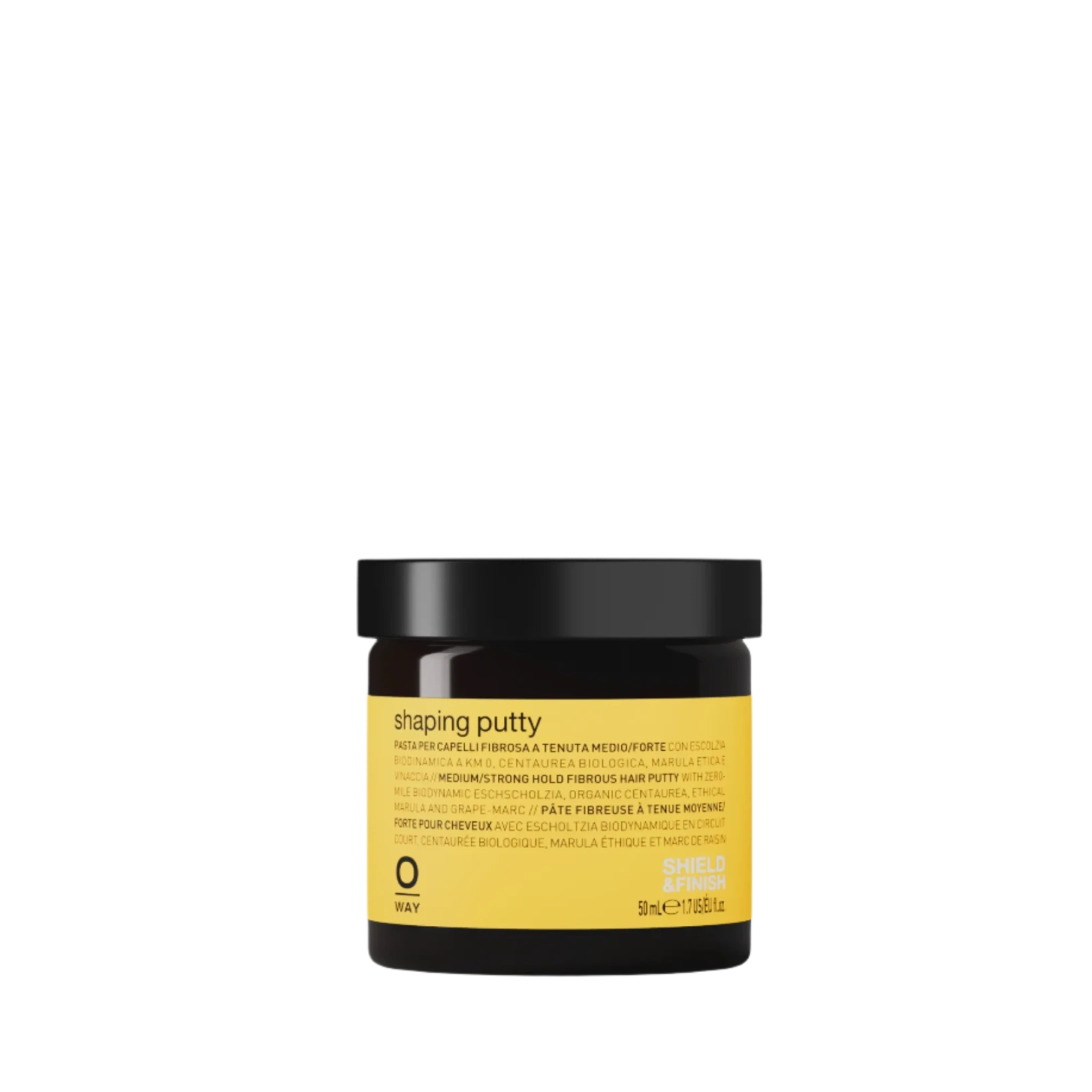 A black jar with a yellow label reading “Oway Shaping Putty | Flexible Styling Putty for Sculpted Texture.” The closed container is shown on a plain white background, highlighting this Oway styling putty’s medium hold and flexible re-styling.