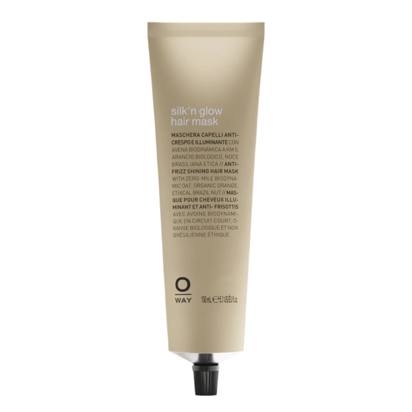 A beige tube of Oway Silk’N Glow Hair Mask for dry, frizzy hair, enriched with Organic Cupuaçu Butter. The upright tube has a black screw cap and features multilingual details on the packaging.