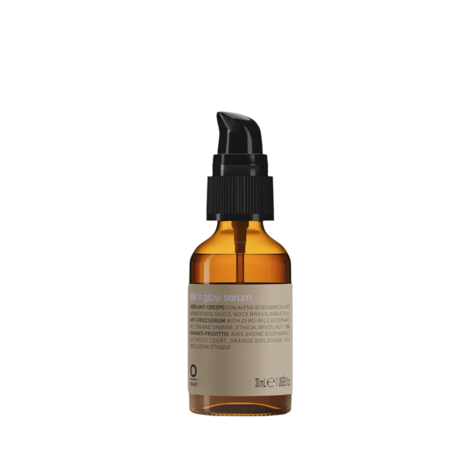 A 30 ml (1 fl. oz.) brown glass dropper bottle with a black pump cap, labeled "Oway Silk’N Glow Serum | Anti-Frizz Shine Serum for Dry, Frizzy Hair" by Oway, highlights Brazil nut oil as an ingredient against a plain white background.