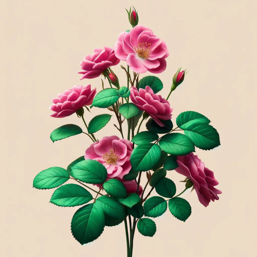 A single green stem with multiple branches supports clusters of pink roses and green leaves, evoking the delicate beauty of Oway Smoothing Conditioner | Detangling Conditioner for Soft, Polished Hair by Oway, set against a plain beige background.