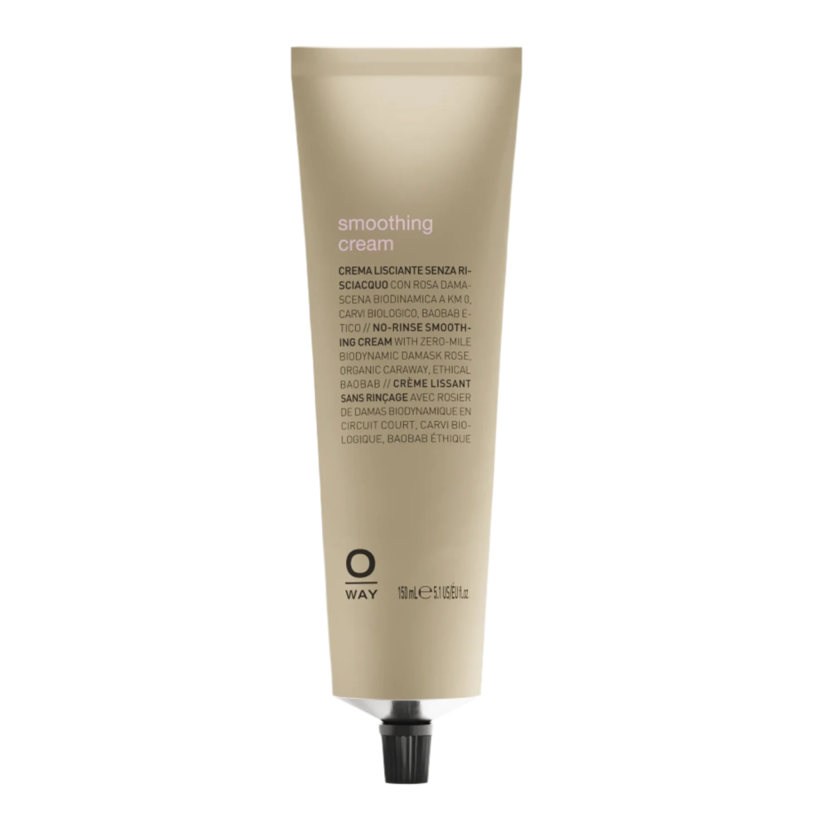 A beige tube labeled "Oway Smoothing Cream | Blow Dry Cream for Sleek, Straight Styles" with black text and cap stands upright on a white background. Designed to tame frizzy hair, it contains organic caraway. The "Oway" brand appears near the bottom.