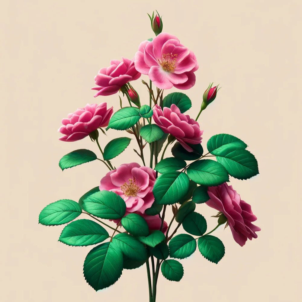 A stem with pink roses and green leaves is displayed on a beige background, evoking natural ingredients like biodynamic caraway found in Oway Smoothing Hair Bath, a frizz-control shampoo for coarse or unruly hair by Oway.