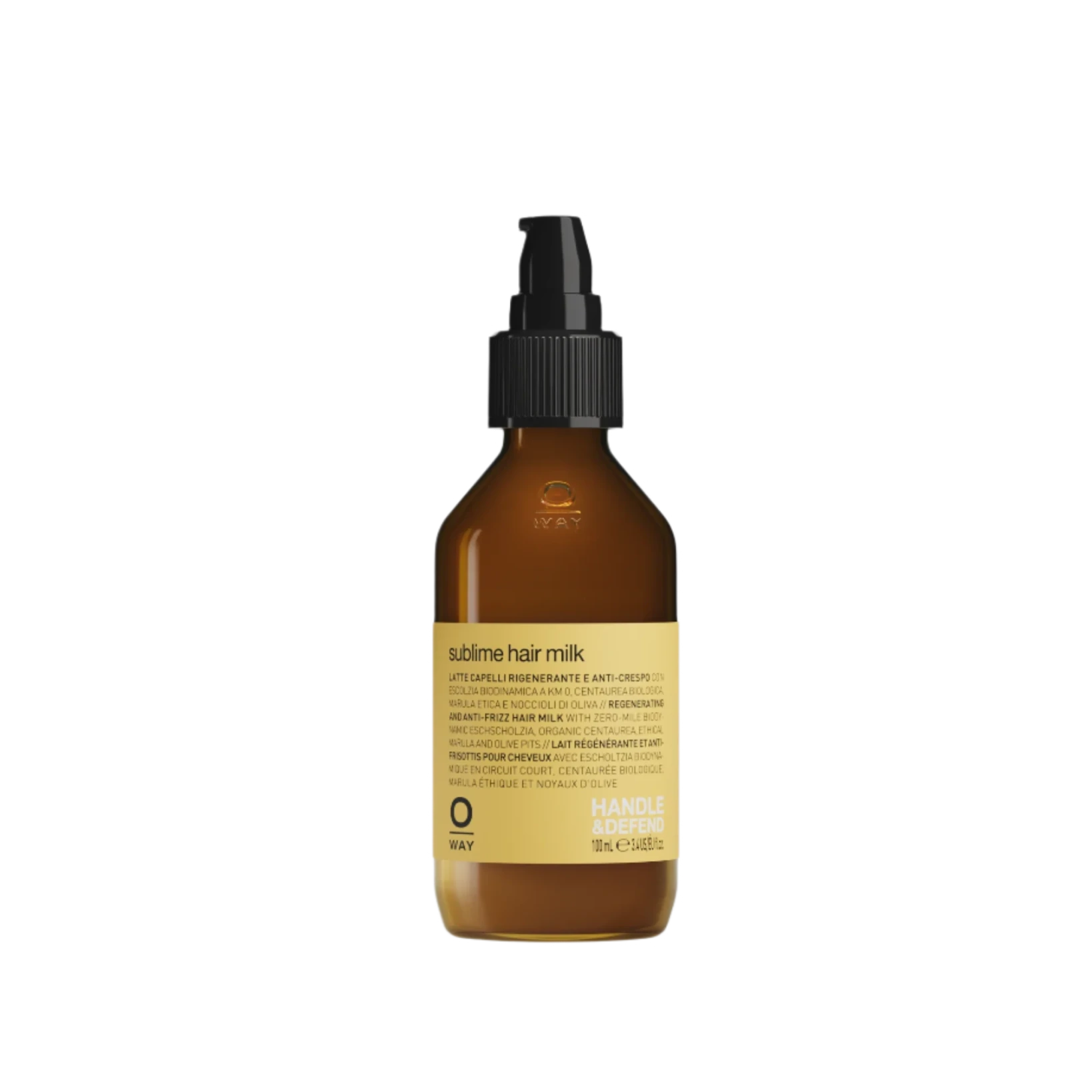 A brown bottle with a black pump dispenses Oway Sublime Hair Milk, a lightweight leave-in moisture milk for frizz control, softness, and shine. The yellow label showcases its nourishing formula by Oway.