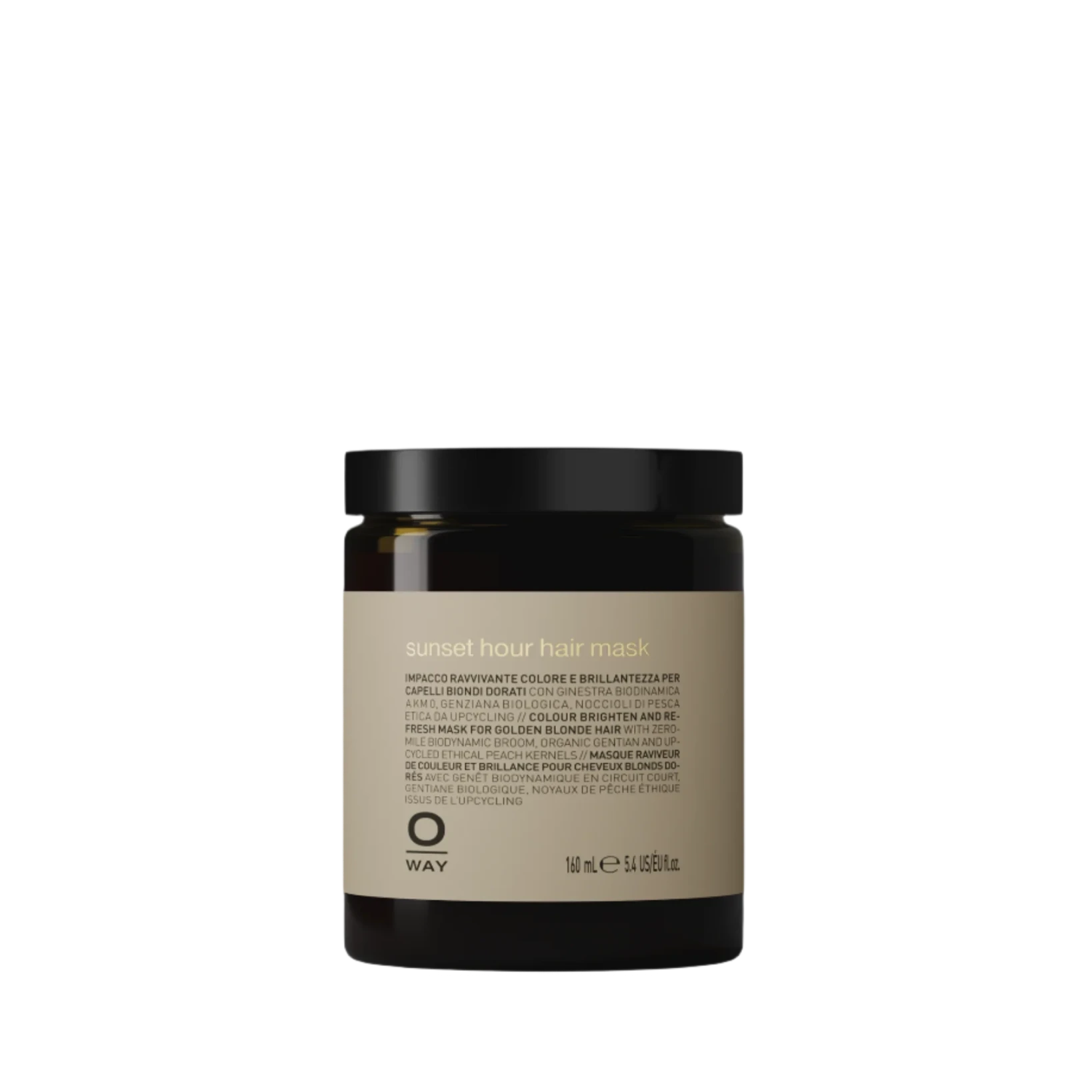 The Oway Sunset Hour Hair Mask is a 480 ml radiance-boosting treatment for golden blonde hair, featuring biodynamic broom to enhance color. Comes in a dark jar with a beige label displaying the Oway logo and product name.