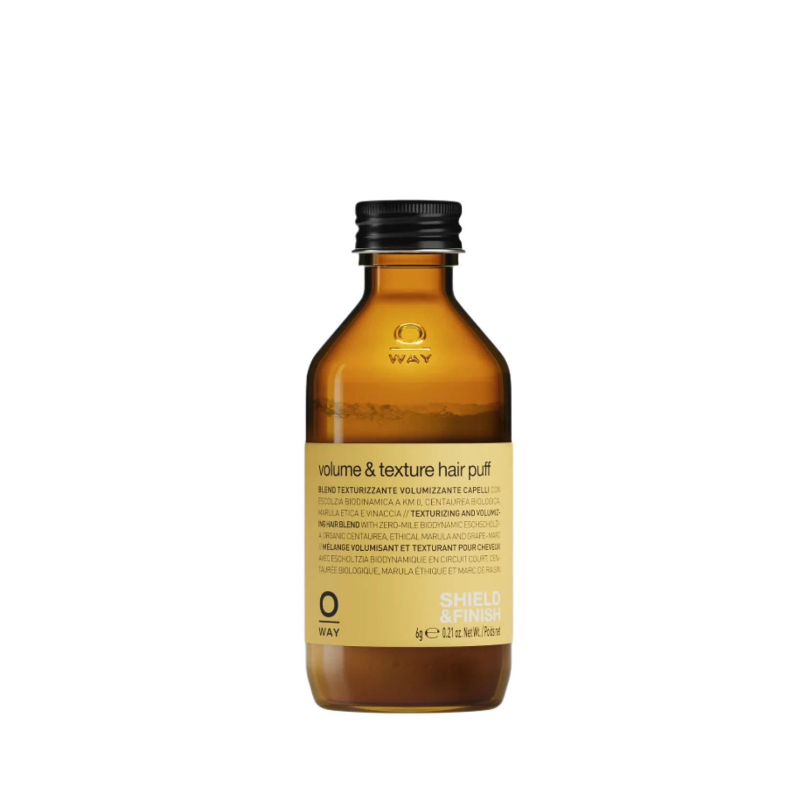 A brown glass bottle with a black cap labeled “Oway Volume and Texture Hair Puff | Volumizing Styling Powder for Instant Lift” features a yellow label (100g/3.52oz) and is set against a white background.
