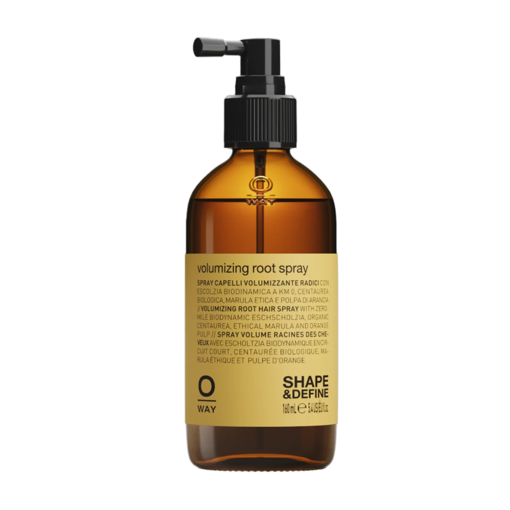 A brown pump bottle of Oway Volumizing Root Spray offers lightweight root lift for fine, flat hair. It features a black pump and base, with “Oway” branding and “SHAPE & DEFINE” printed at the bottom.