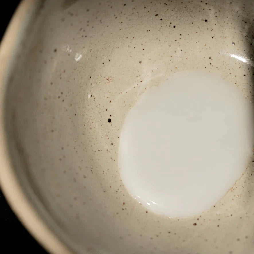 Close-up of a ceramic bowl with a speckled pattern and a white interior.