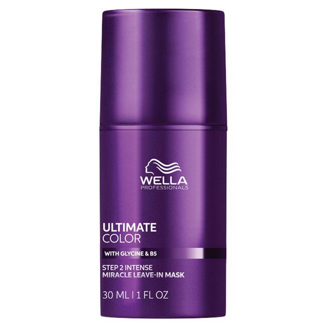 Purple Wella bottle of Ultimate Color Leave-In Mask on a white background