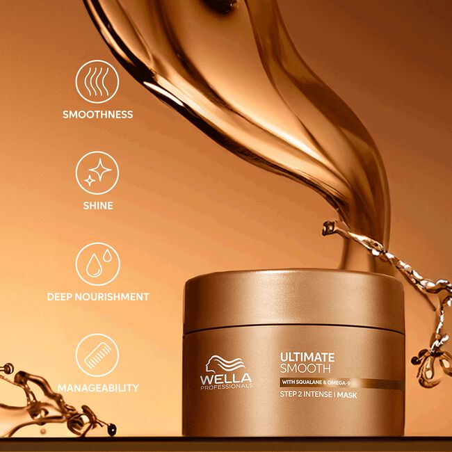 Wella hair mask jar with gold liquid being poured on an orange background